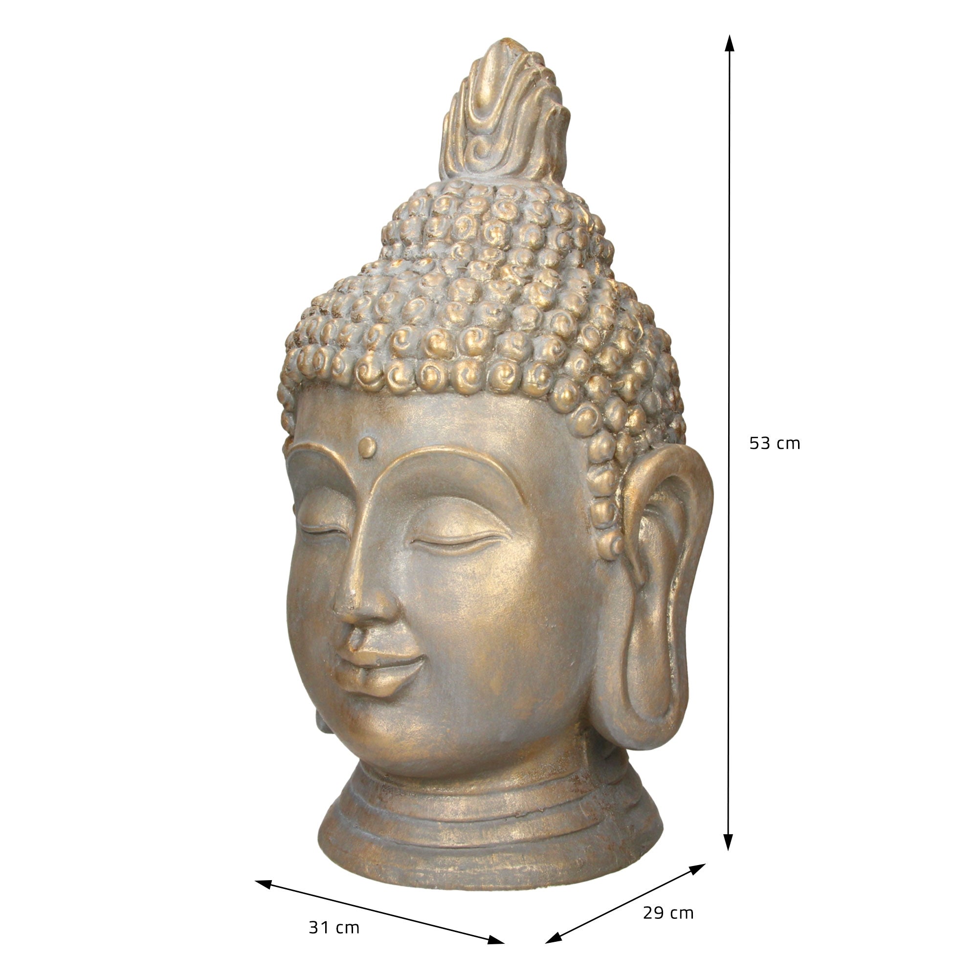 Buddha-Kopf aus Bronze mit Maßen: 53 cm hoch, 31 cm breit, 29 cm tief.