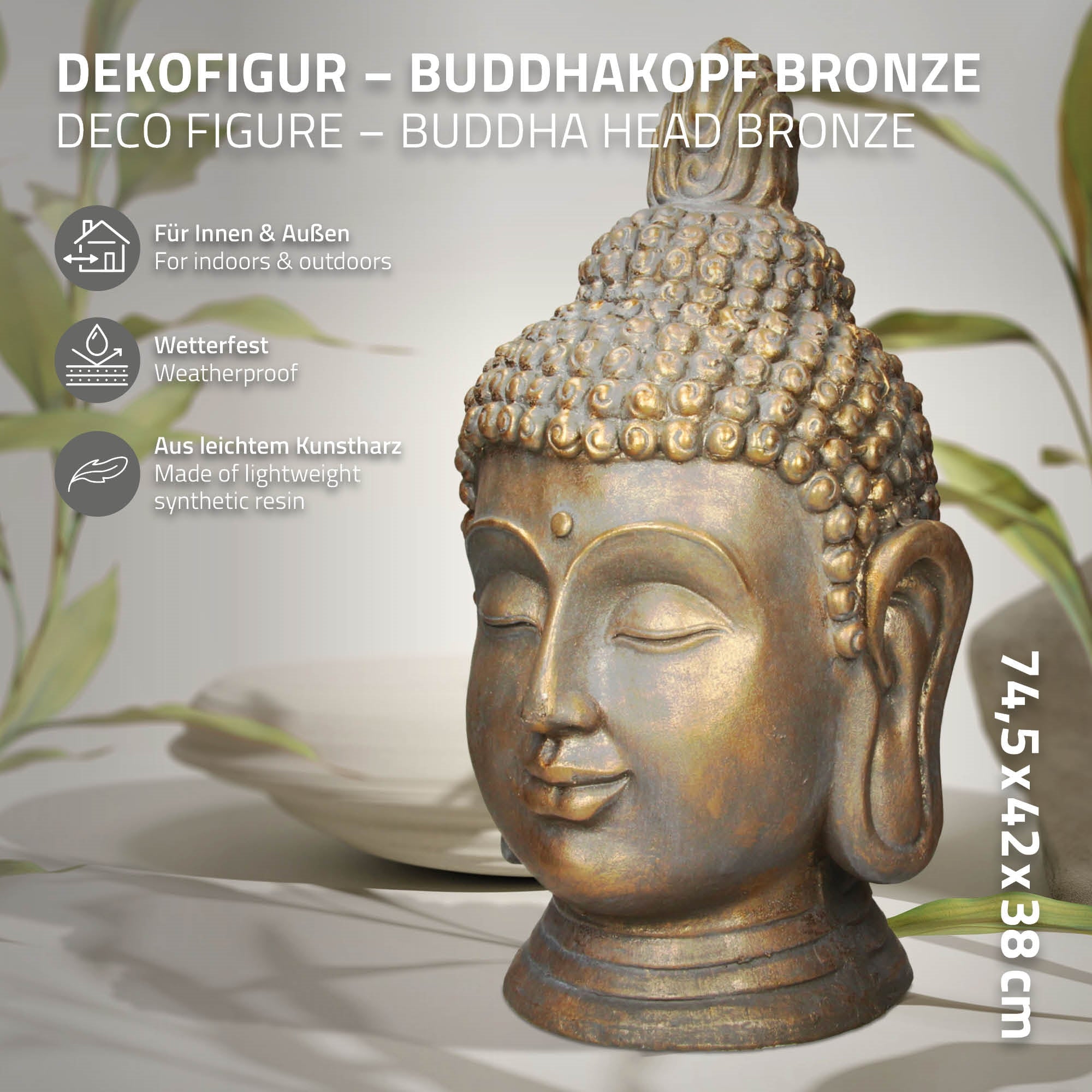 Bronzene Buddha-Kopf Statue mit detaillierter Oberfläche, 74,5 x 42 x 38 cm.