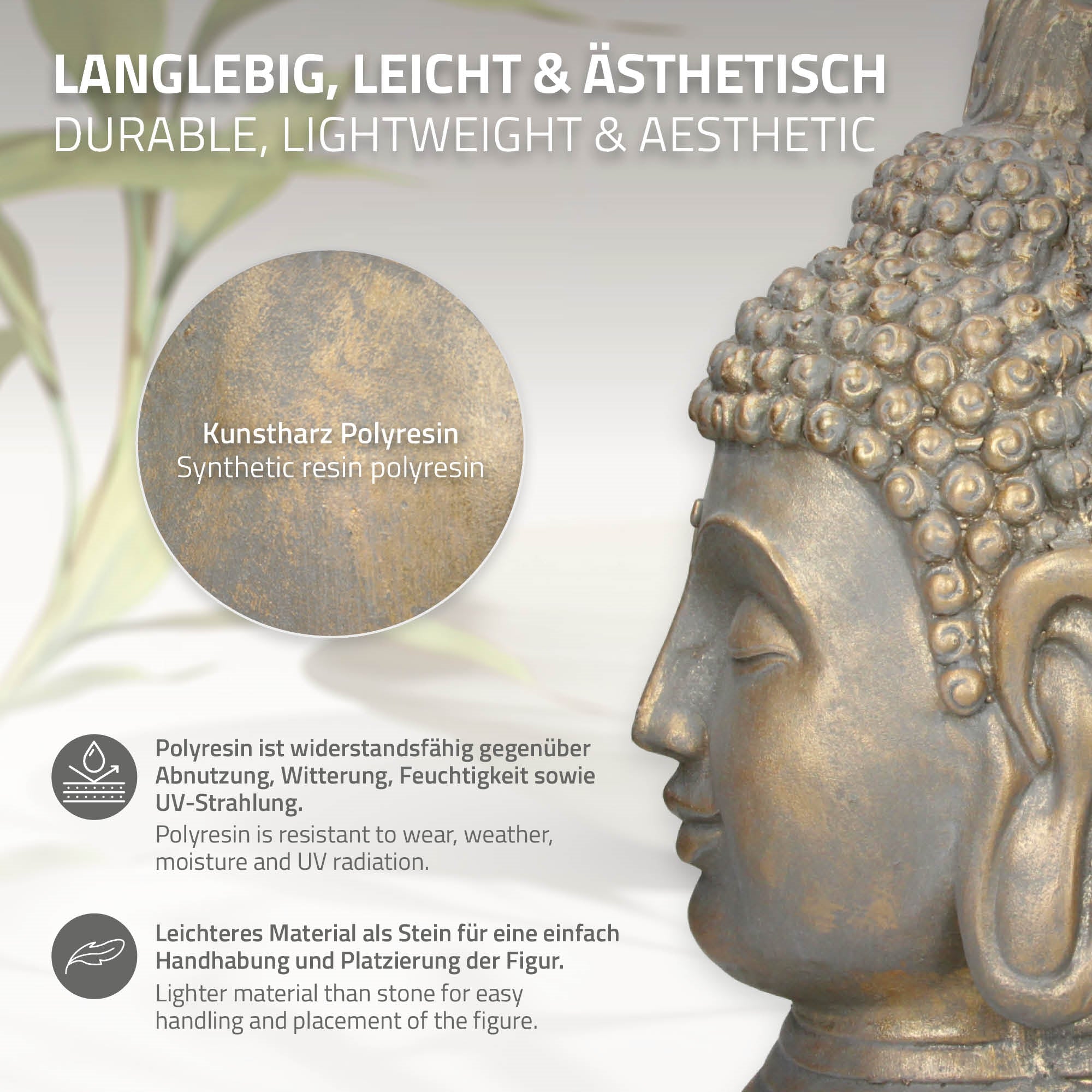 Buddha-Figur aus Kunstharz in goldener Farbe mit Beschreibung der Eigenschaften.