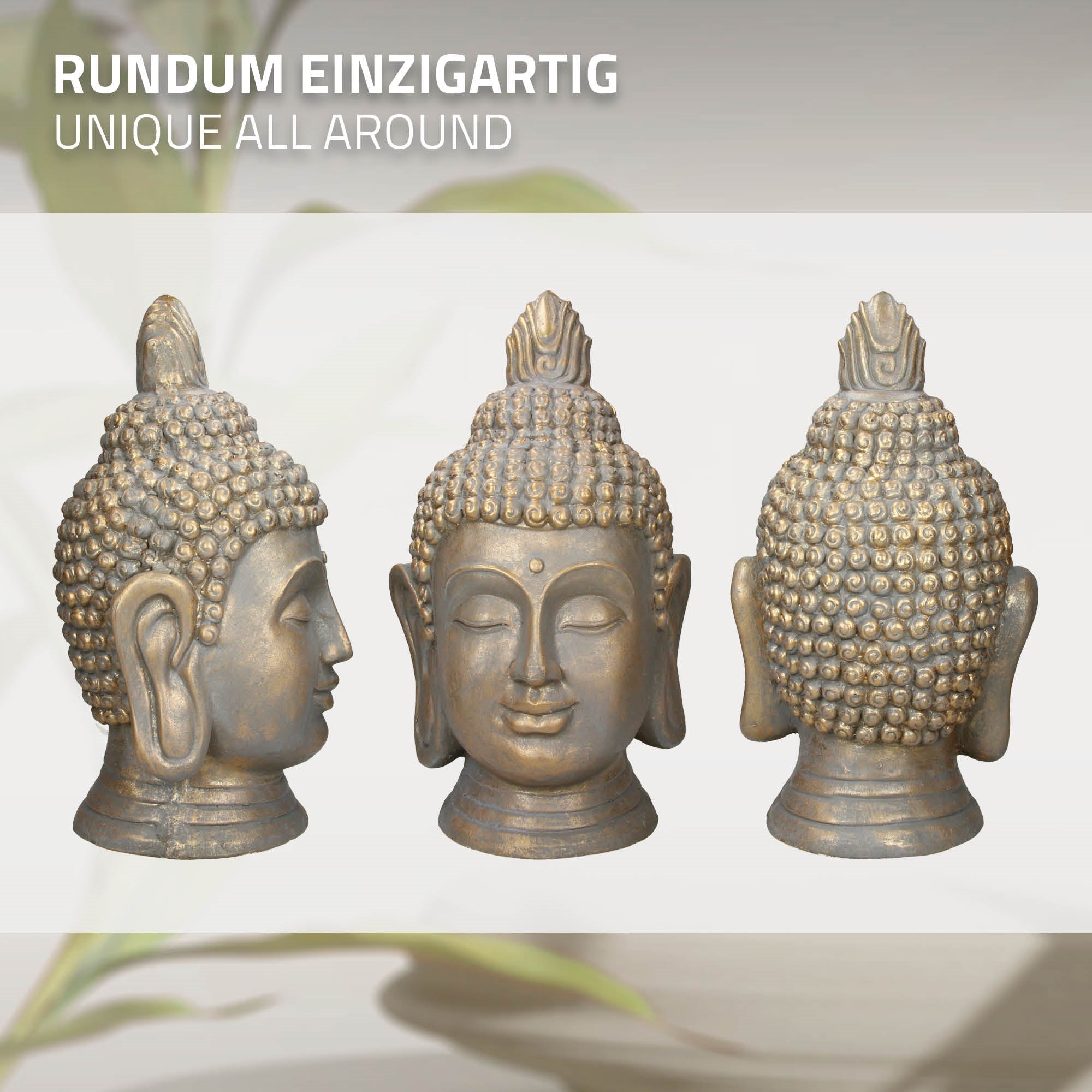 Drei Ansichten eines Buddha-Kopfes aus Bronze auf hellem Hintergrund.