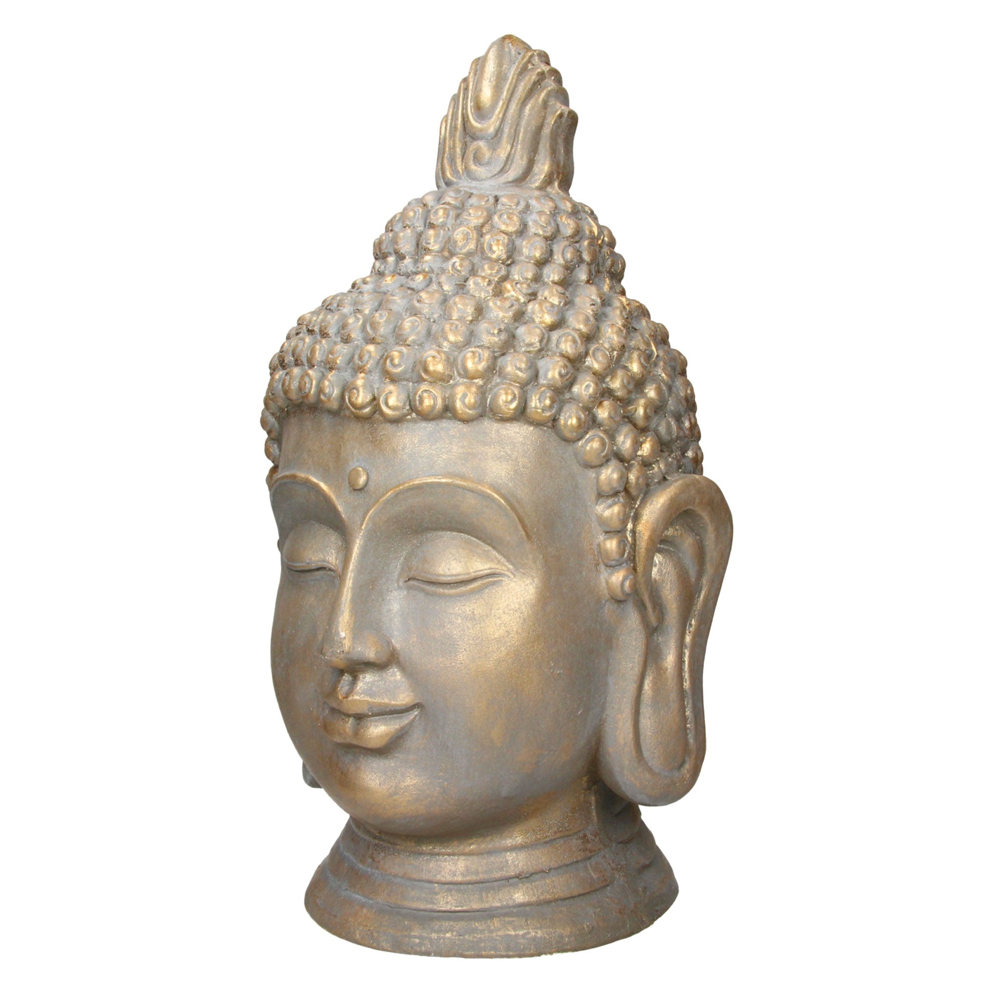 Nahaufnahme eines Buddha-Kopfes aus Polyresin.