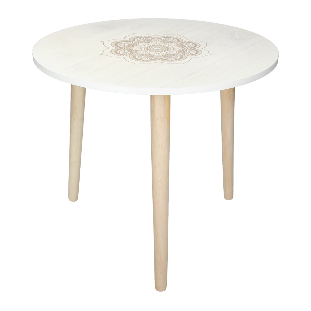 Runder Tisch mit drei Holzbeinen und Mandala-Muster.