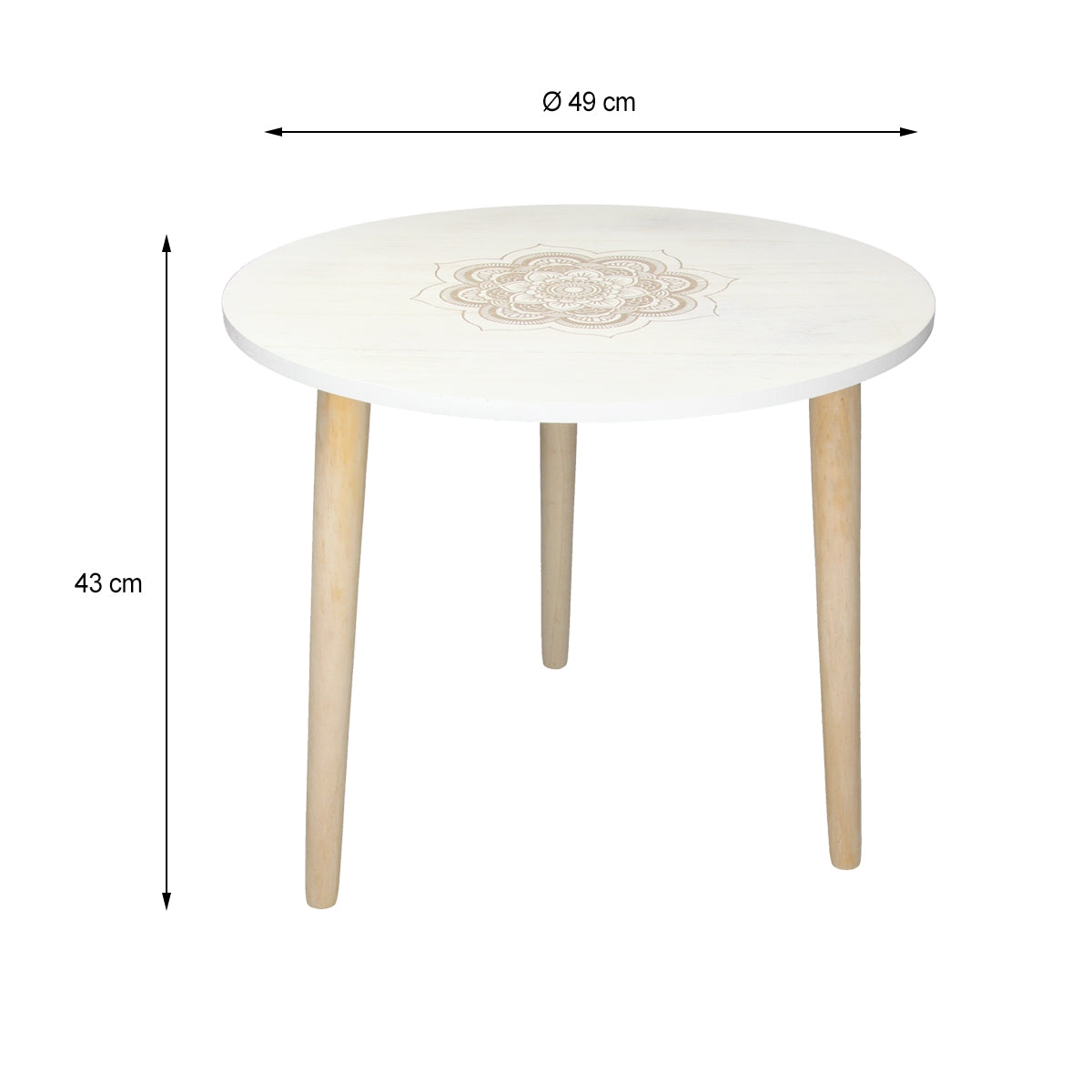 Runder Tisch mit einem Durchmesser von 49 cm und Holzbeinen.