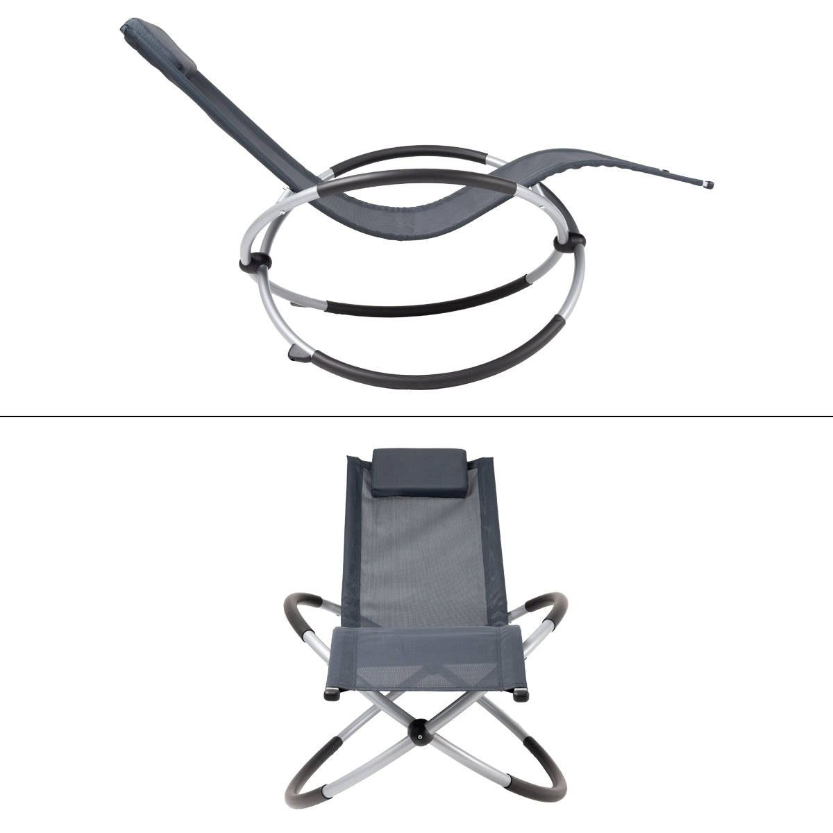 Rocking chair with gray upholstery and round base.