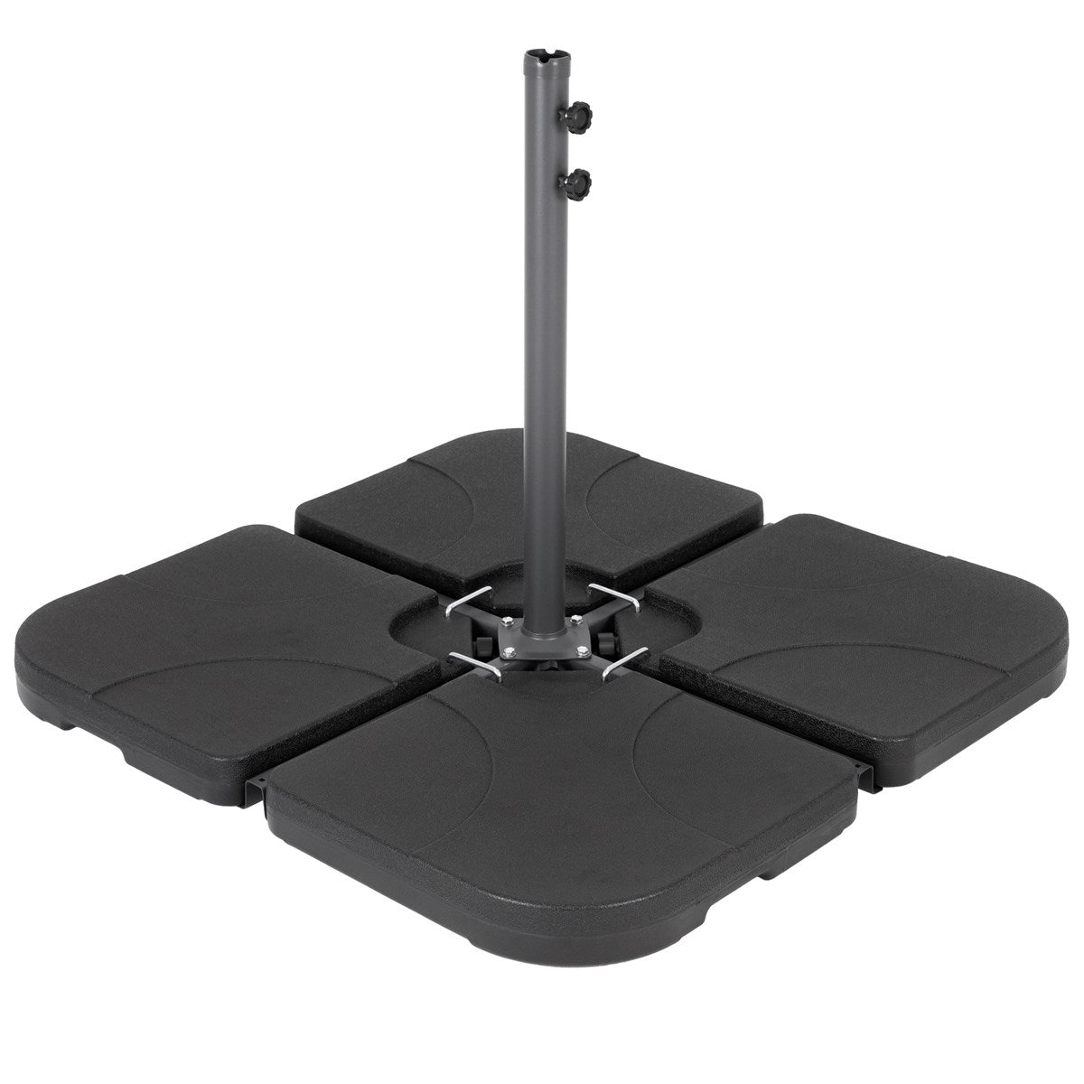 Schwarzer Standfuß mit vier quadratischen Platten.