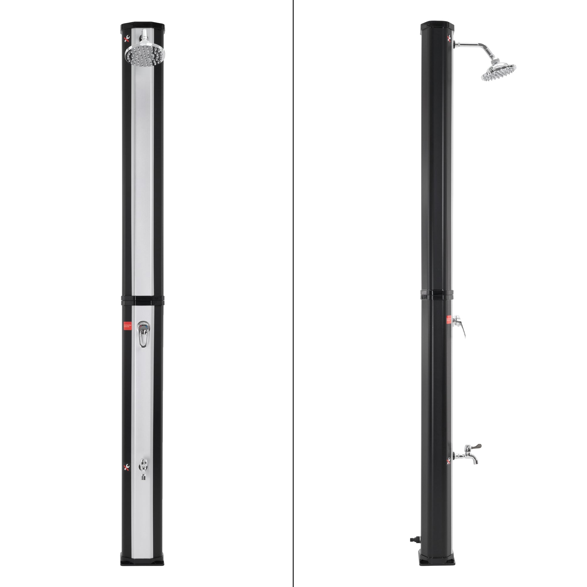 Duschsäule in zwei Ansichten, eine schwarz und eine silber.