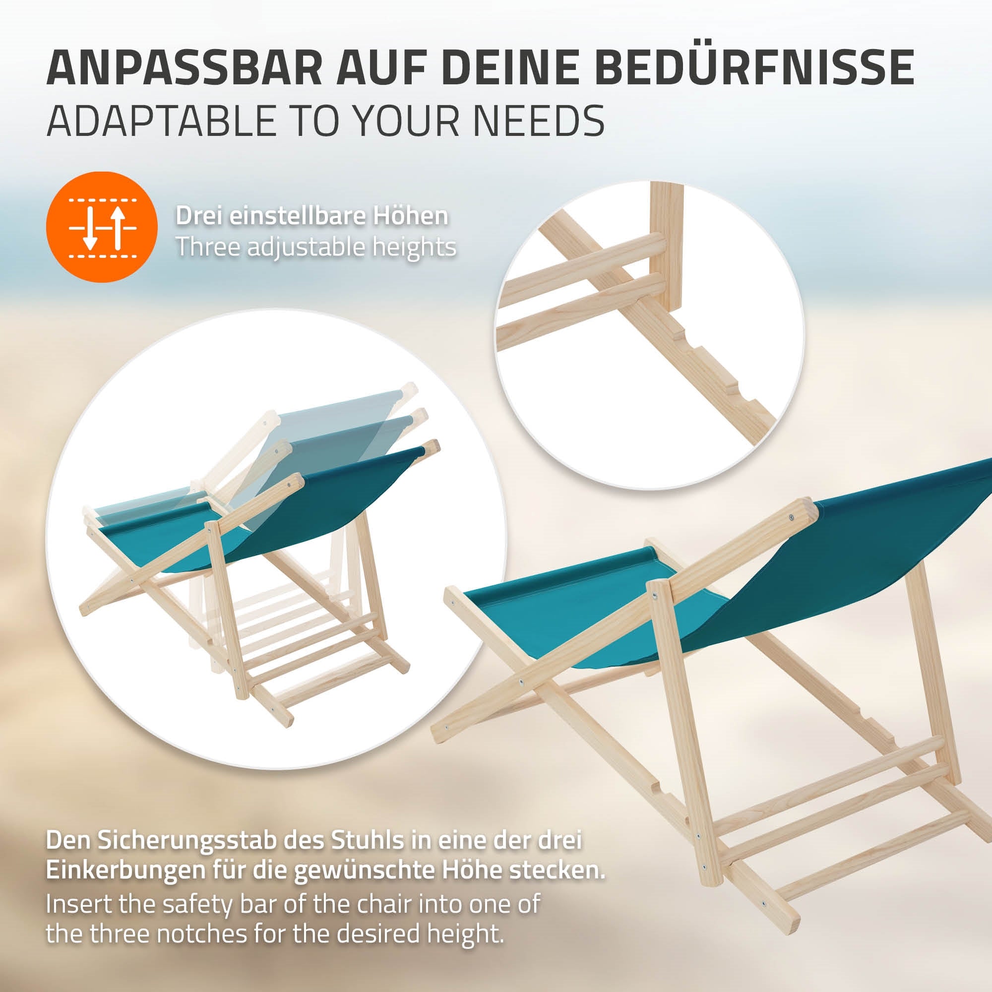 Strandliege mit drei einstellbaren Höhen, auf hellem Hintergrund.