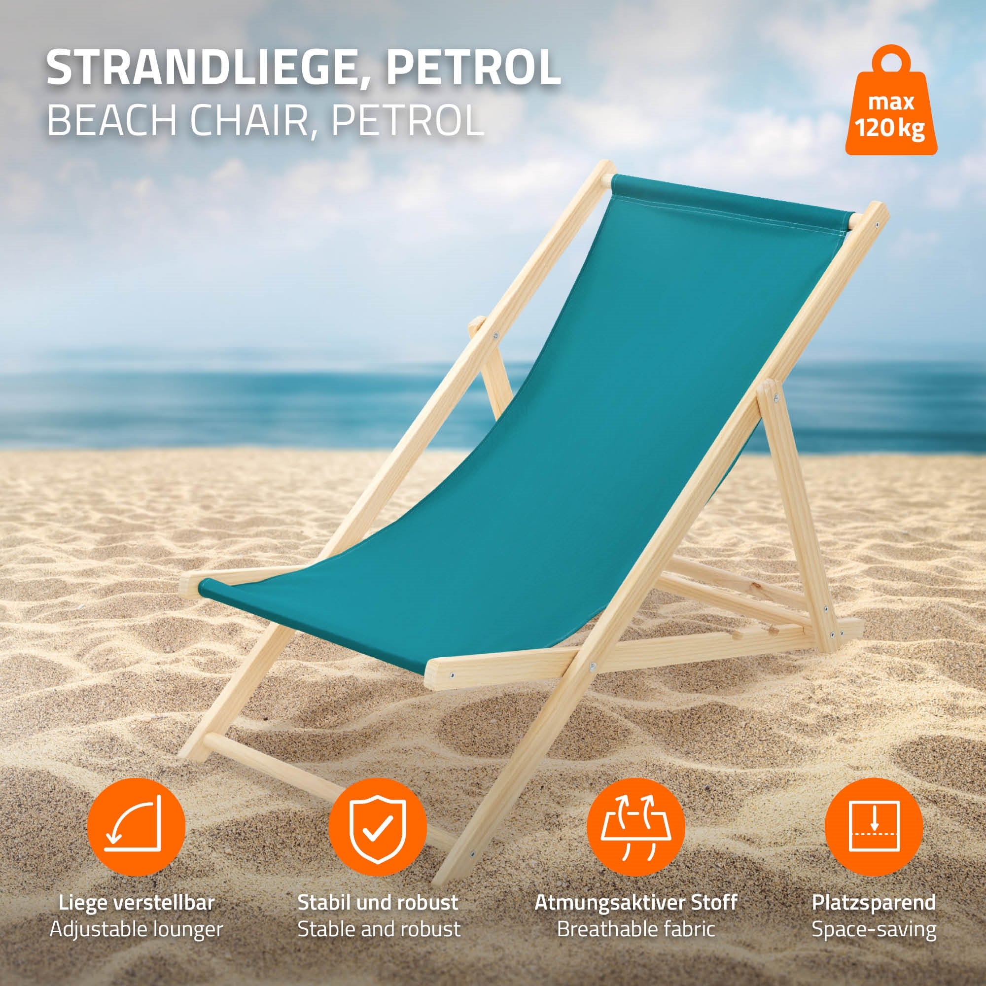 Strandliege in Petrolfarbe, stabil und atmungsaktives Gewebe.