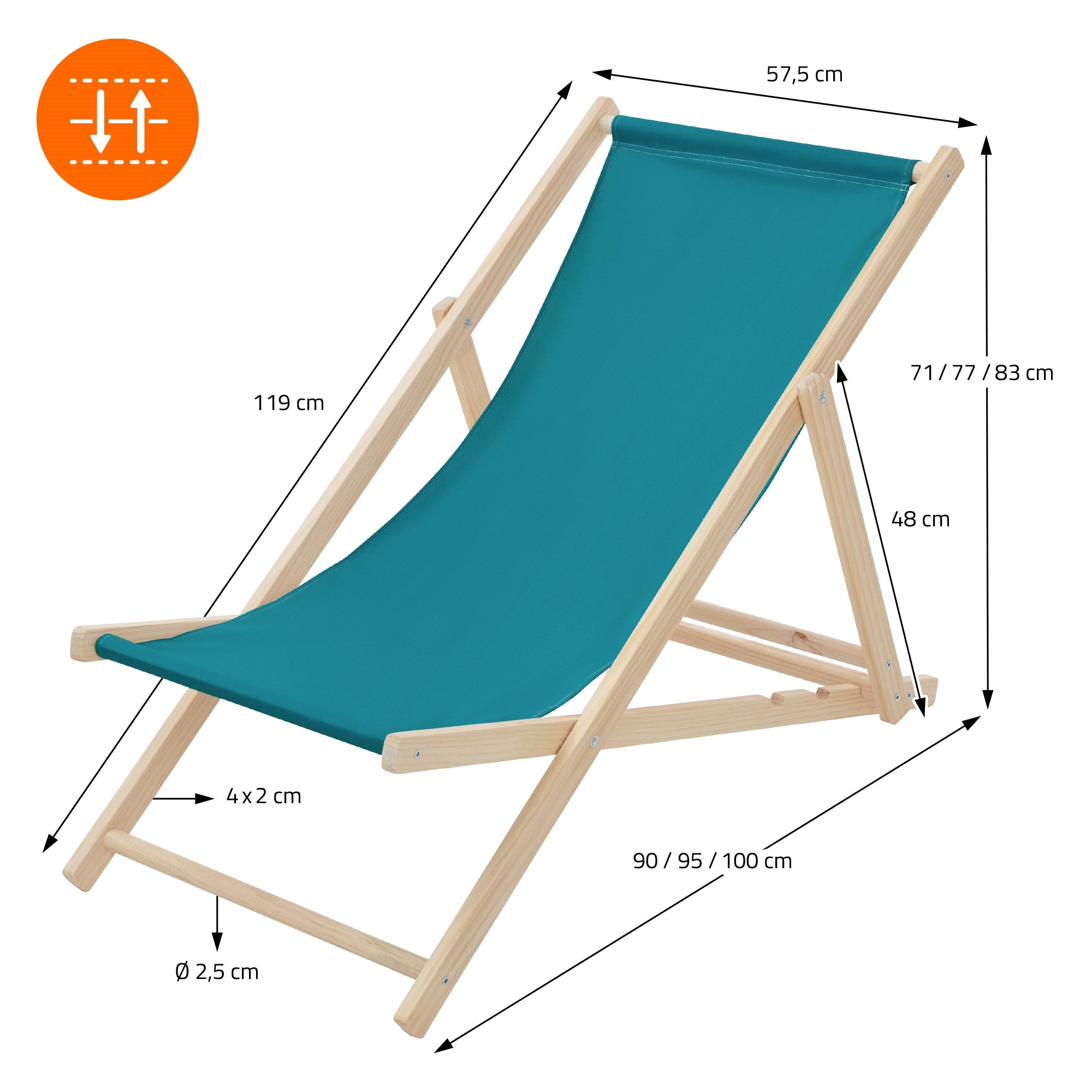 Liegestuhl aus Holz in Türkis mit Maßen: 57,5 cm Breite, 119 cm Höhe, verstellbare Rückenlehne.