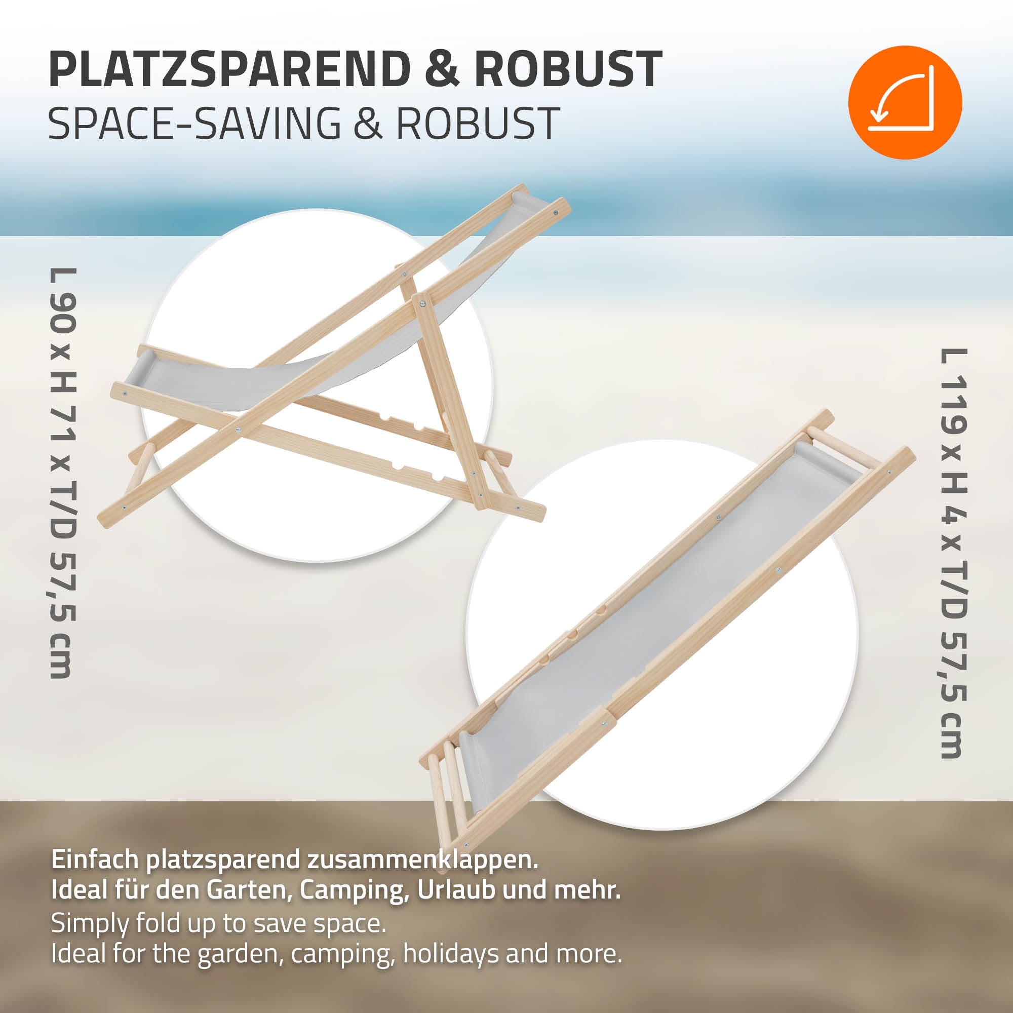 Strandliege mit Maßangaben, platzsparend und robust, auf hellem Hintergrund.