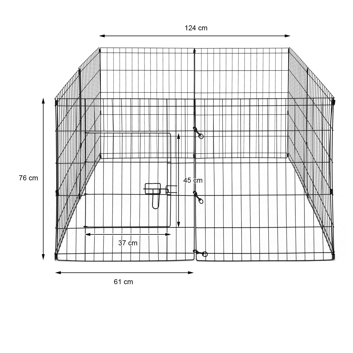 Drahtgitterkäfig mit Maßen: 124 cm x 76 cm, Türöffnung 37 cm, Höhe 45 cm.