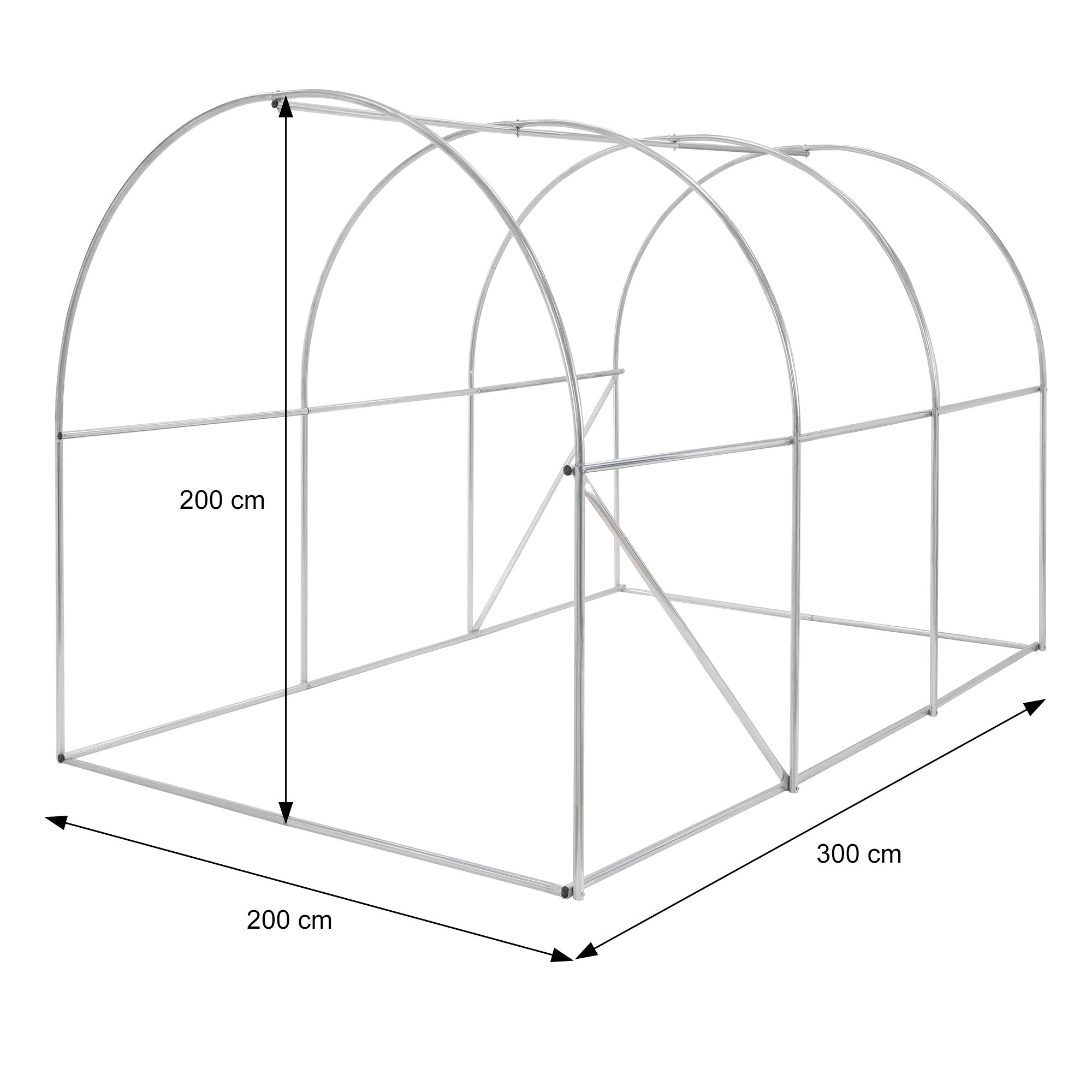 Skizze eines Gewächshauses mit Maßen: 300 cm x 200 cm x 200 cm.
