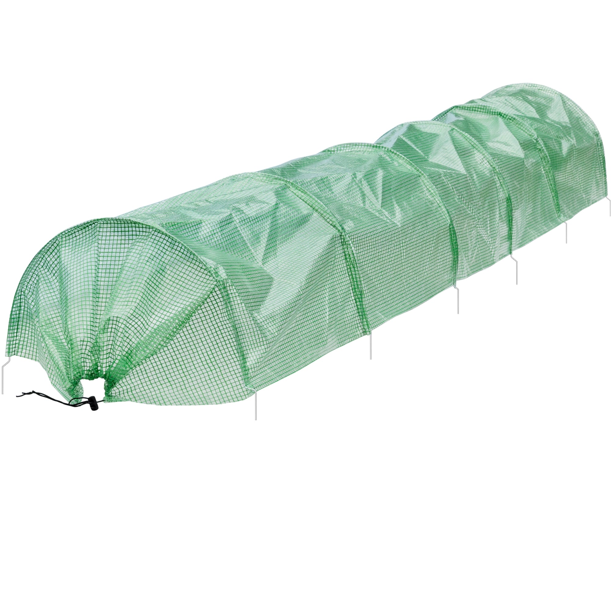 Elongated greenhouse with net cover, set up in a field.