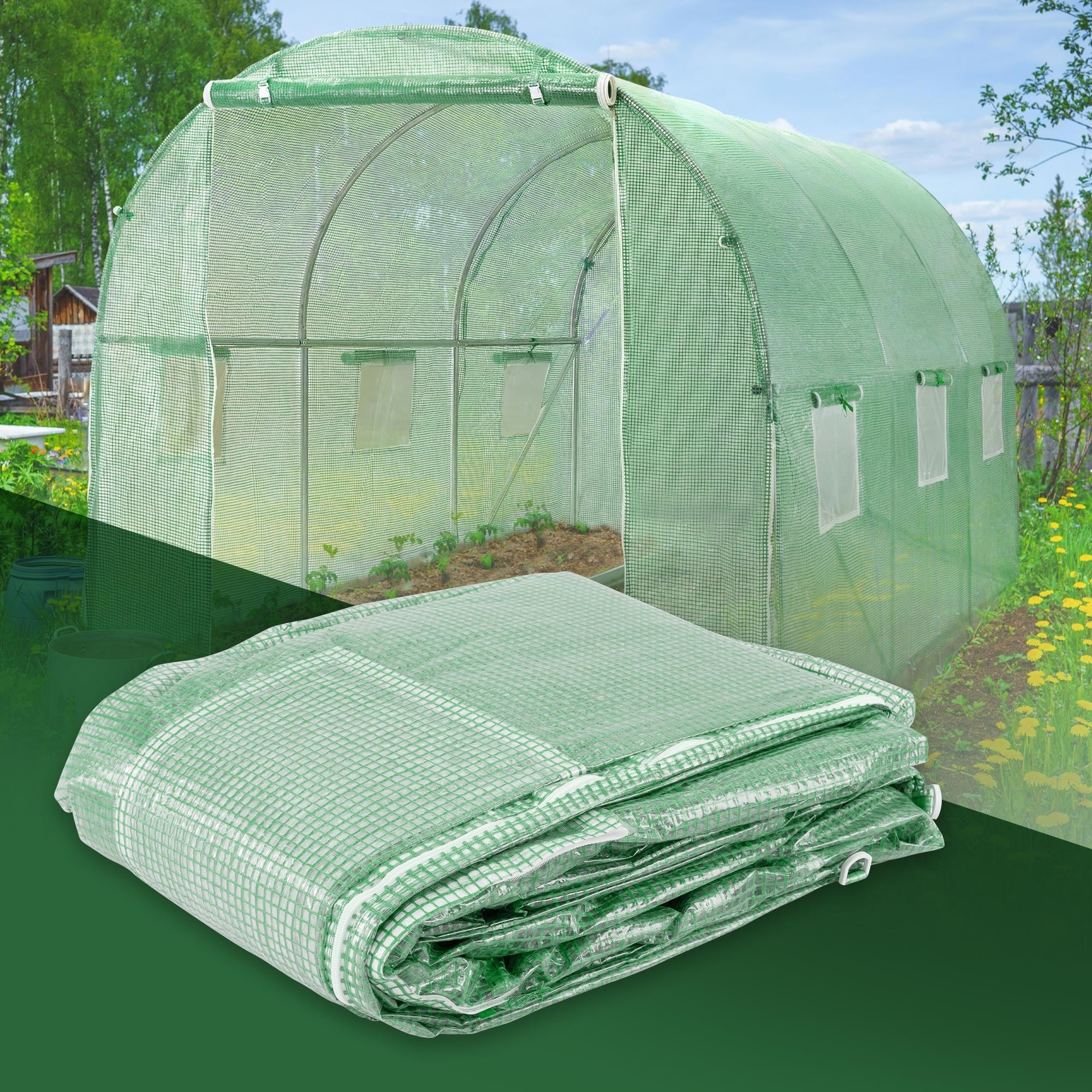 Ein Gewächshaus aus grünem Netzmaterial, im Hintergrund ein Garten.