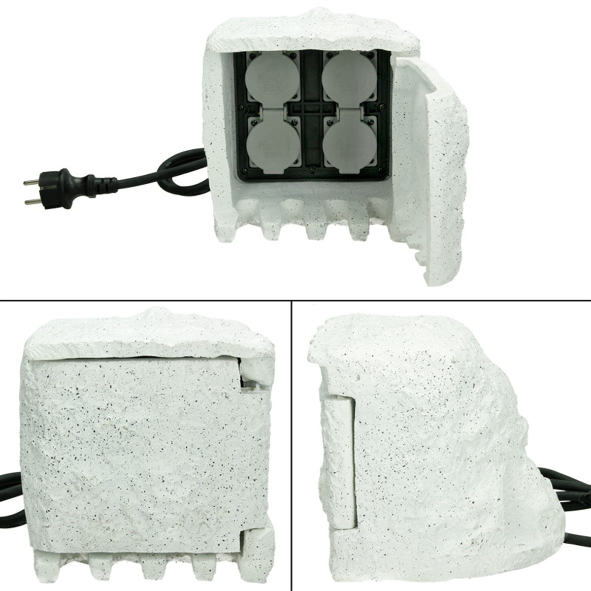 Ett grått eluttag i ett stenliknande hölje med en kabel.