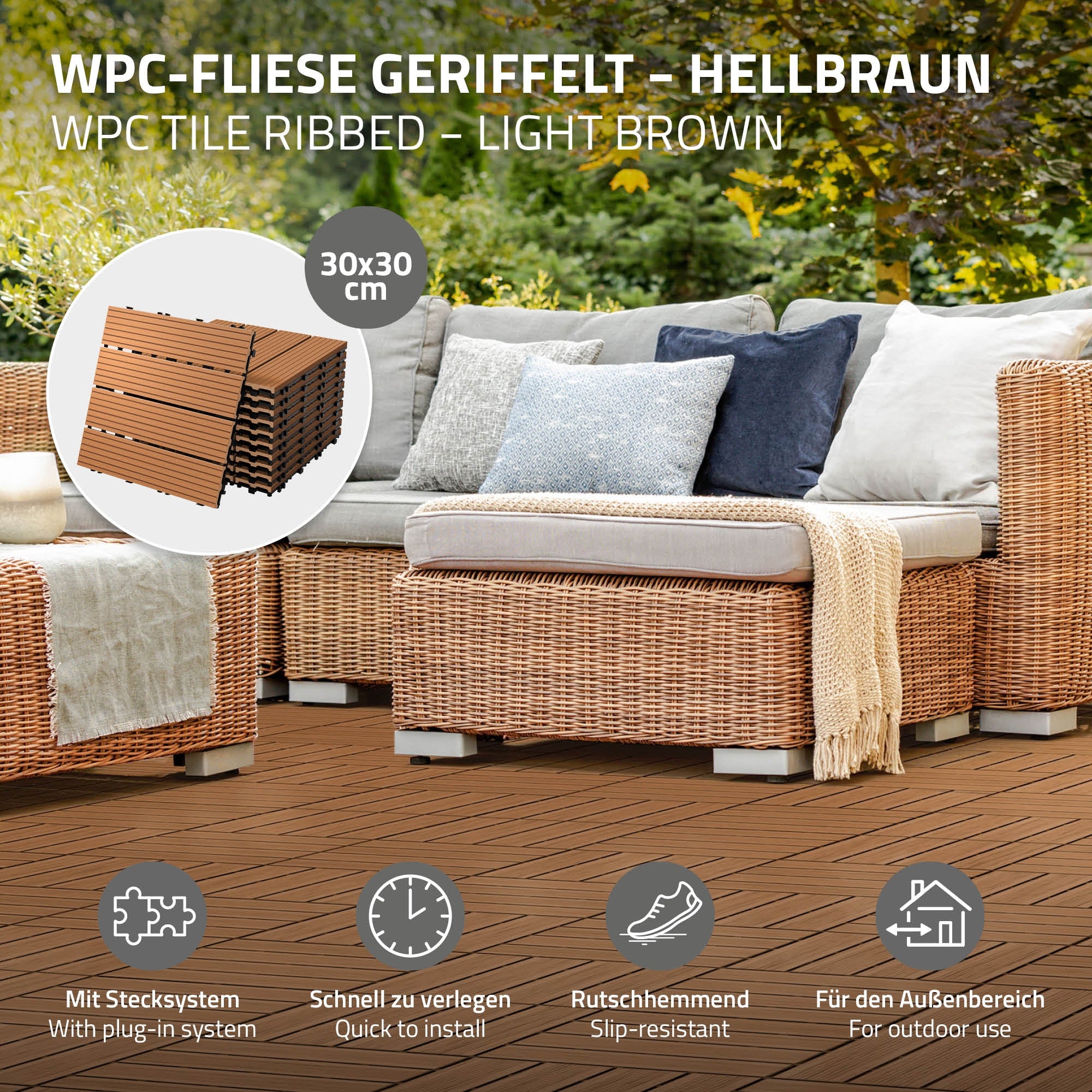 WPC-Fliese in hellbraun mit Stecksystem und rutschfester Oberfläche.