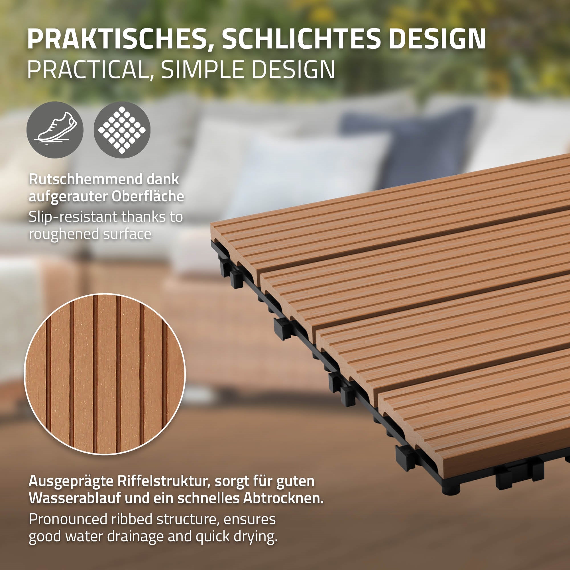 Detailaufnahme einer WPC-Fliese mit rutschfester Oberfläche.