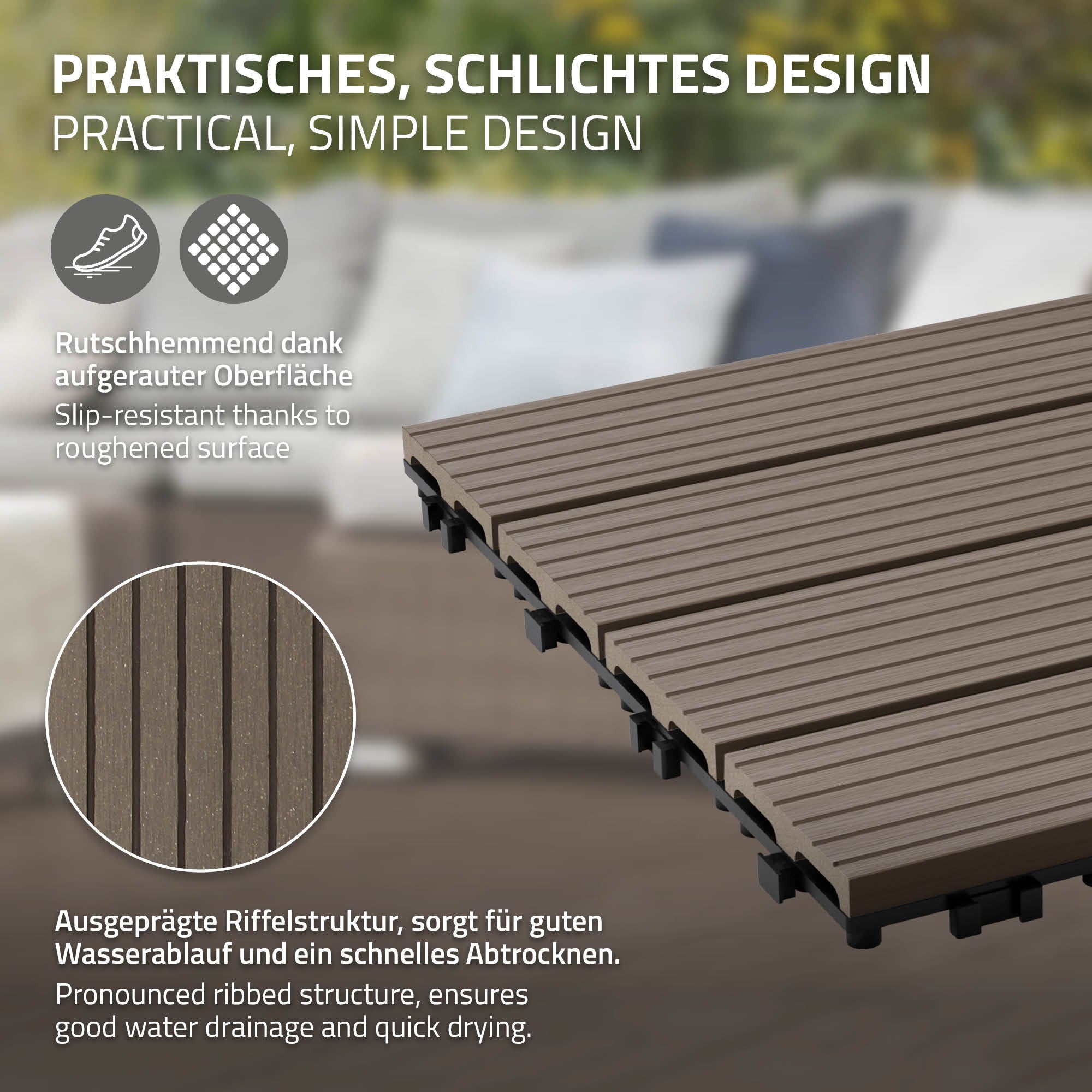 Holzterrasse mit rutschfester Oberfläche und ausgeprägter Riffelstruktur.