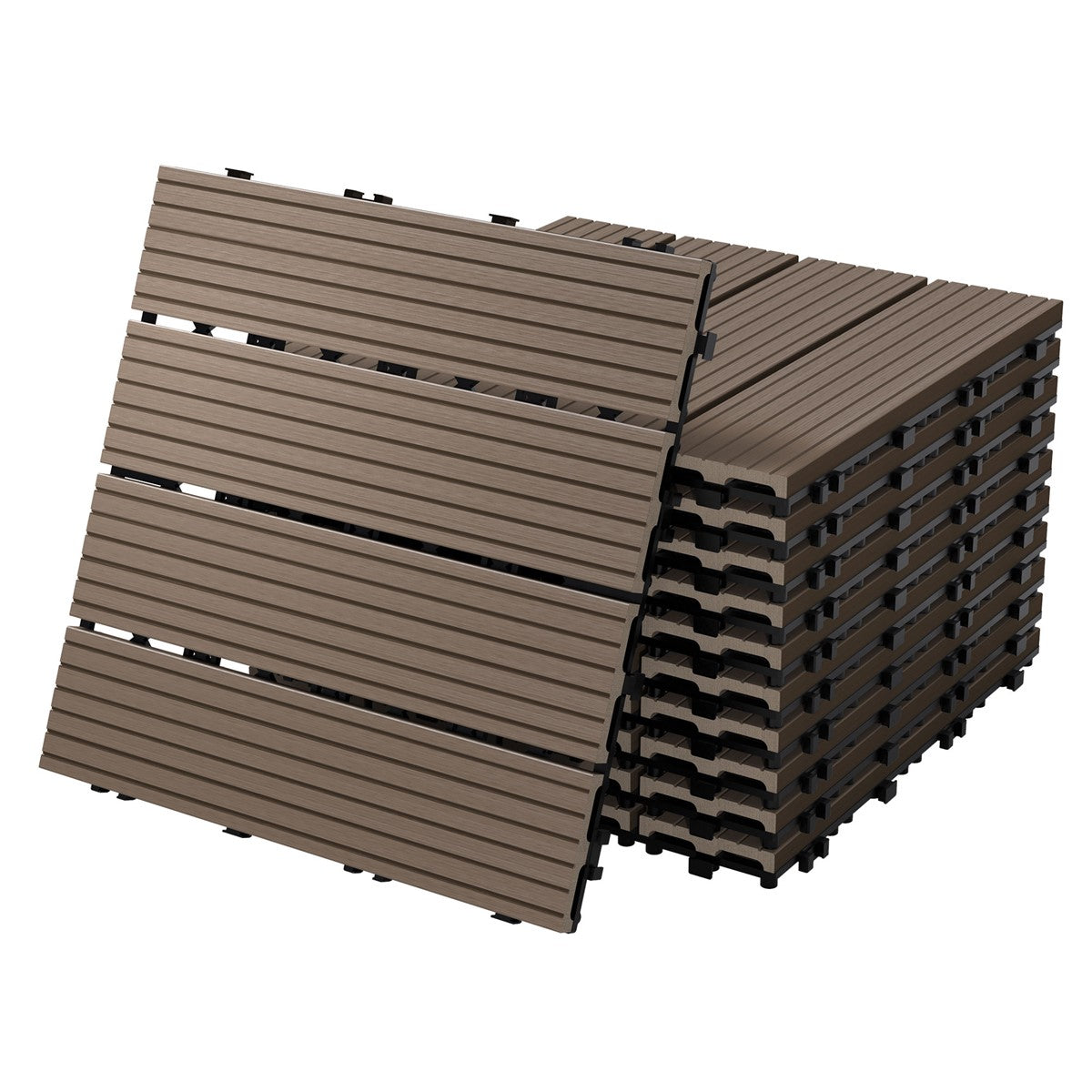 Brown WPC tiles, stacked and ready to use.