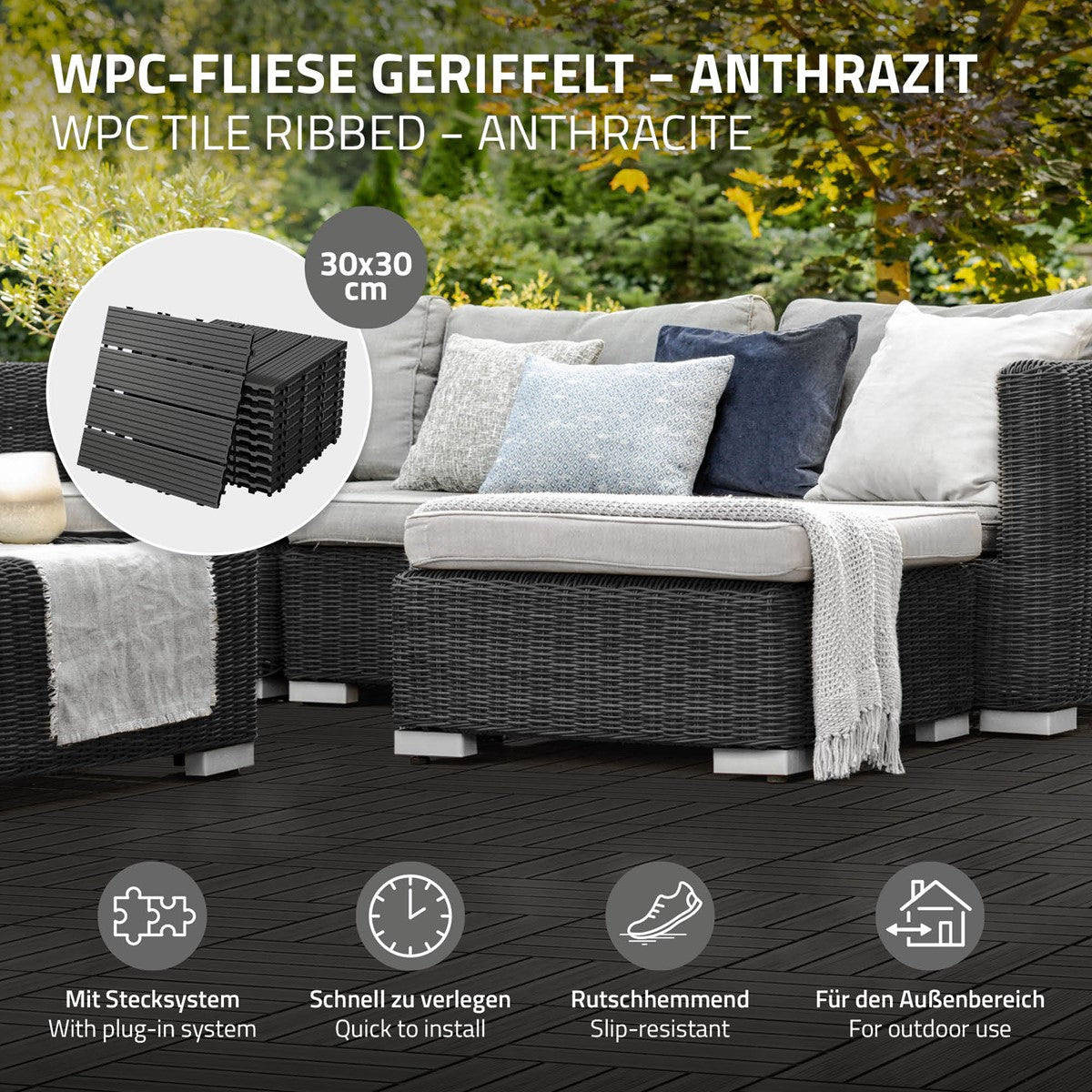 WPC-platta i antracit med soffa och kuddar på en terrass.