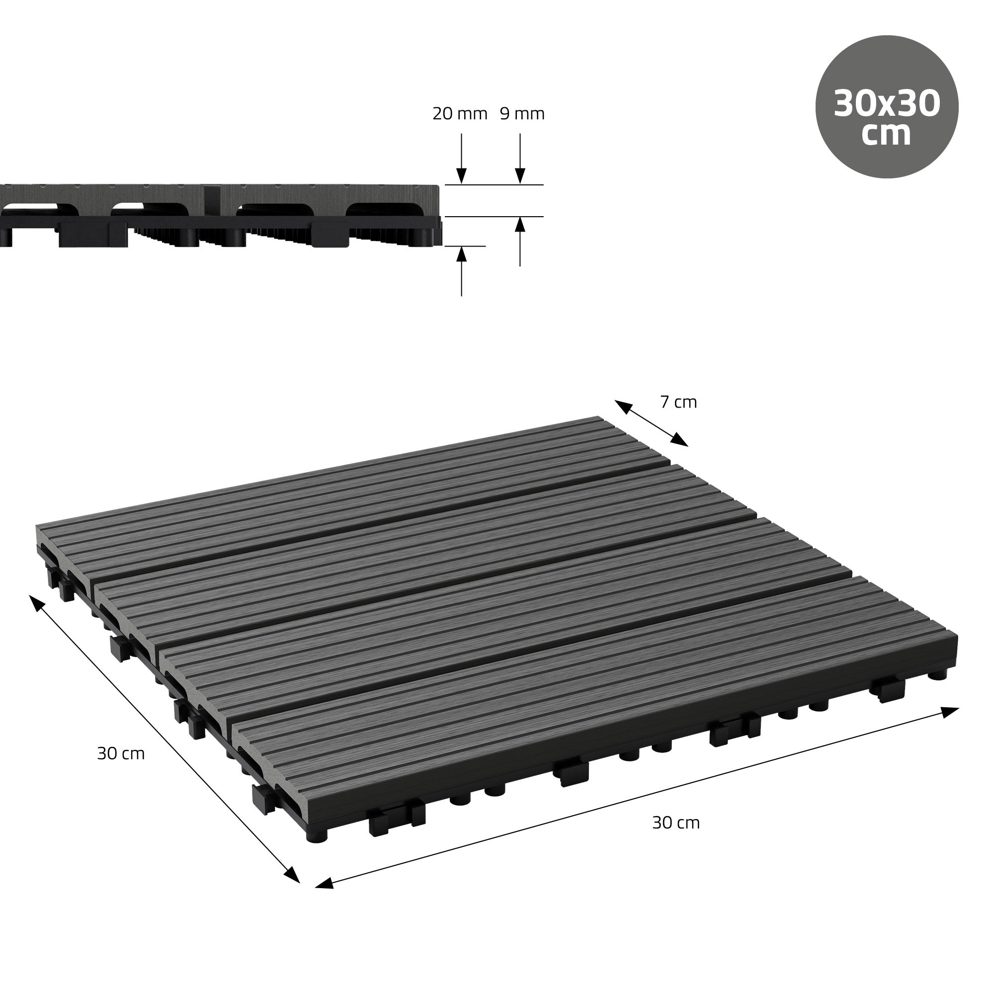 Carreau noir avec des dimensions de 30x30 cm et vue en profil.