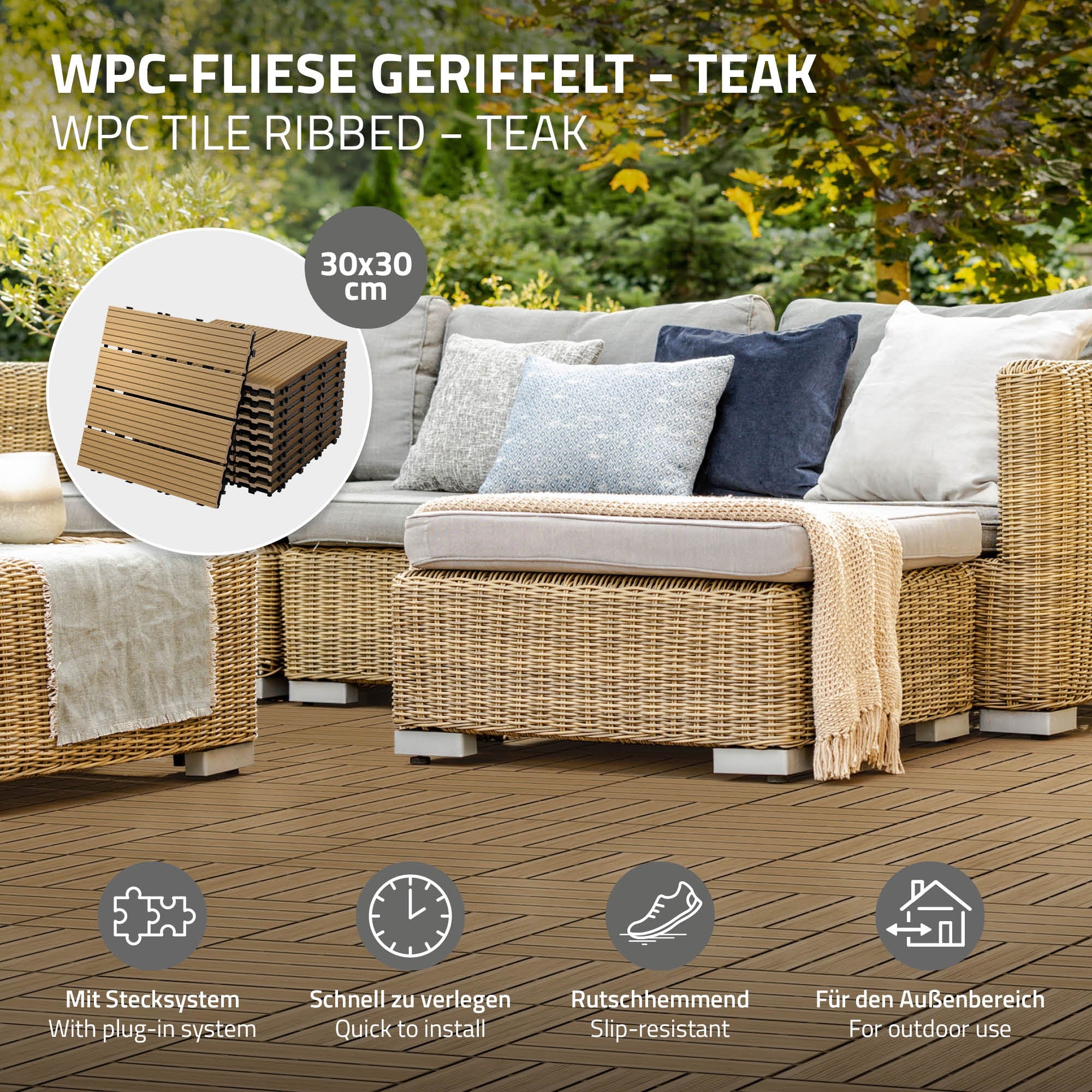 WPC-Fliesen in einem Set, abgebildet mit einem Sofa und einem Tisch im Freien.