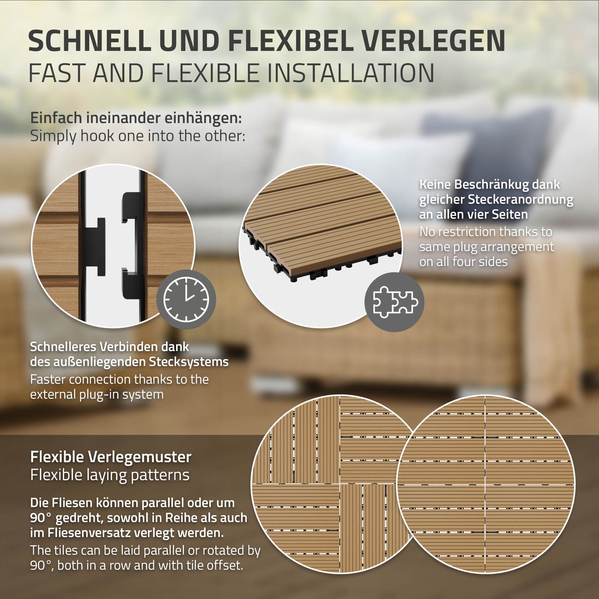 Grafik mit Anweisungen zum Verlegen von Bodenplatten, zeigt verschiedene Muster.