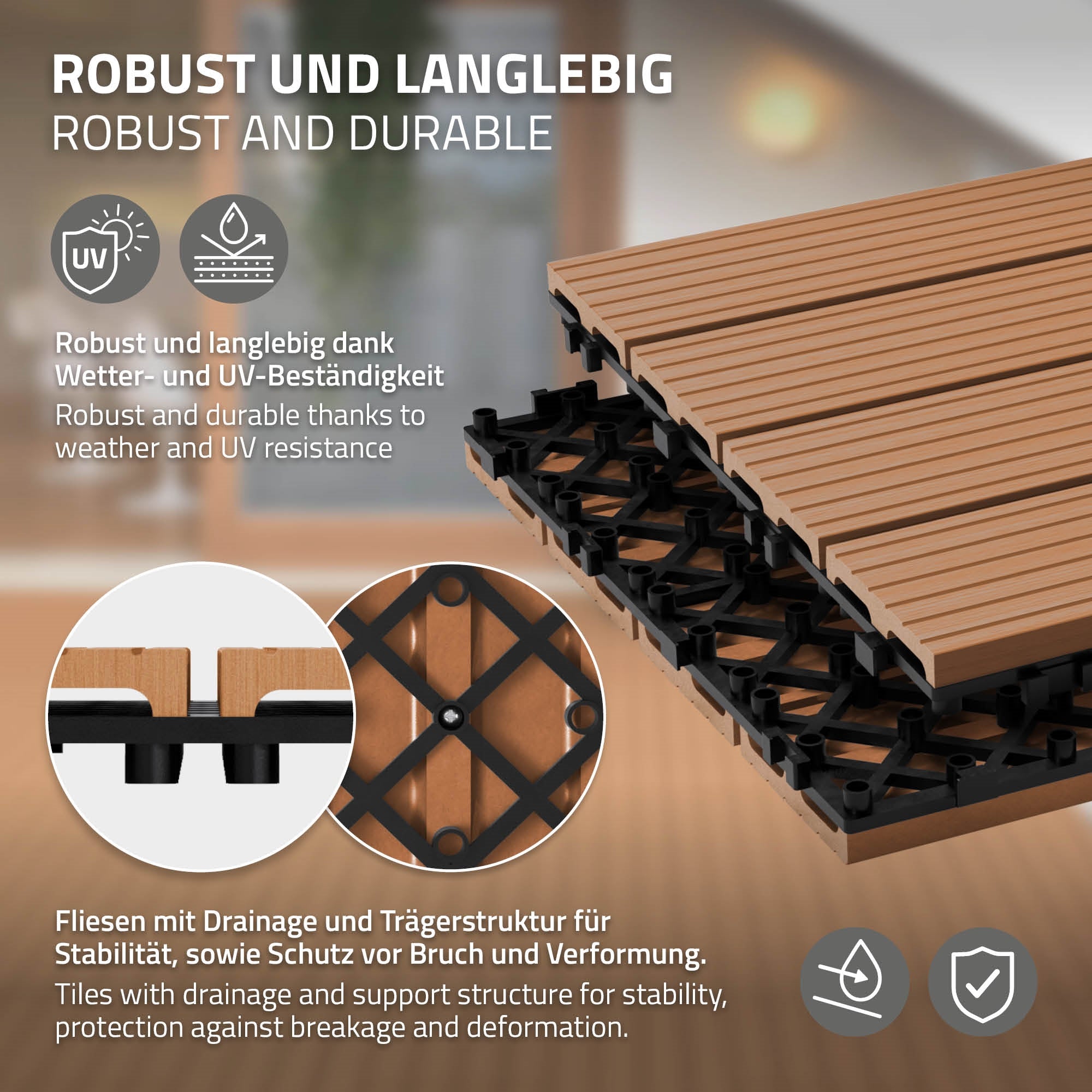 Graphic of robust and durable floor tiles with drainage and stability.