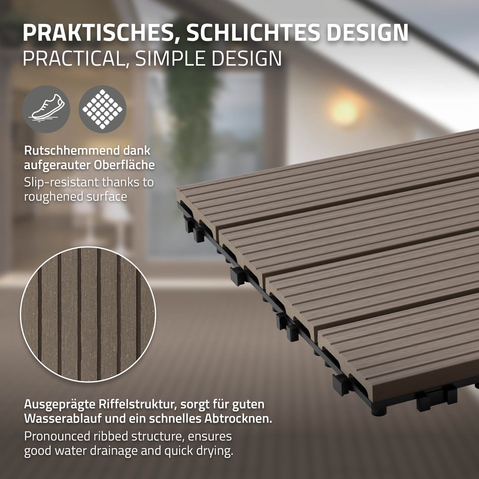 WPC-Fliese mit rutschhemmender Oberfläche und ausgeprägter Riffelstruktur.