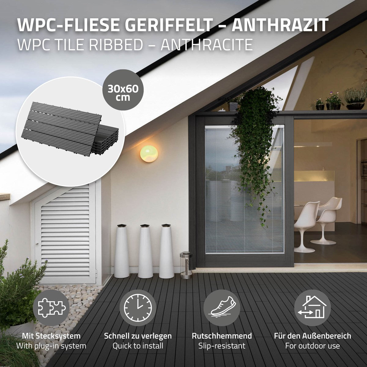 WPC-fliser i antracit med kliksystem på en terrasse.