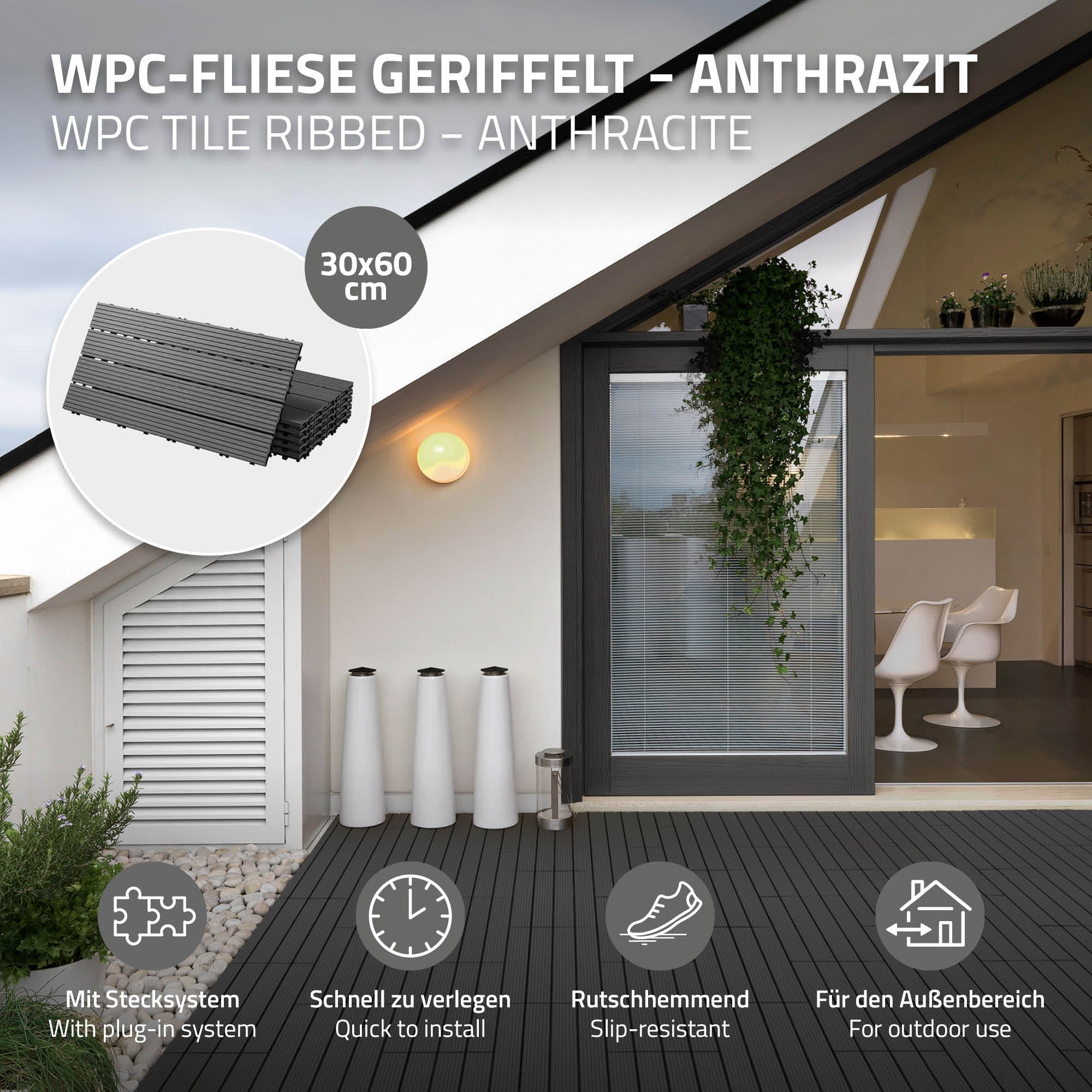 WPC-Fliesen in Anthrazit mit Stecksystem auf einer Terrasse.