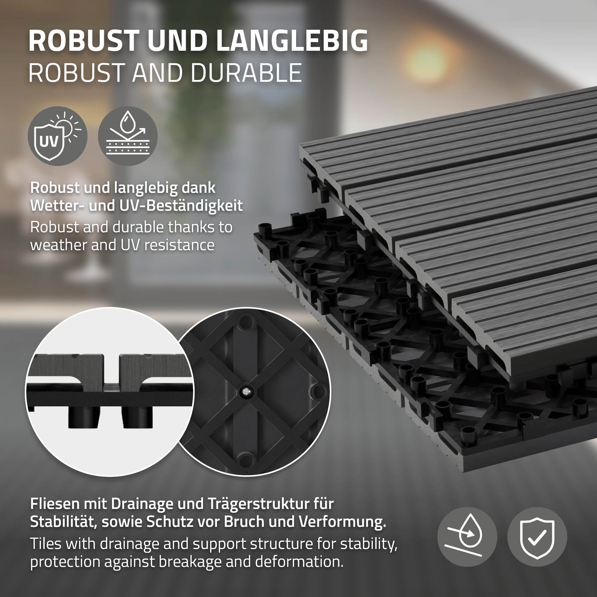 Grafik zu robusten und langlebigen Fliesen mit Drainage.
