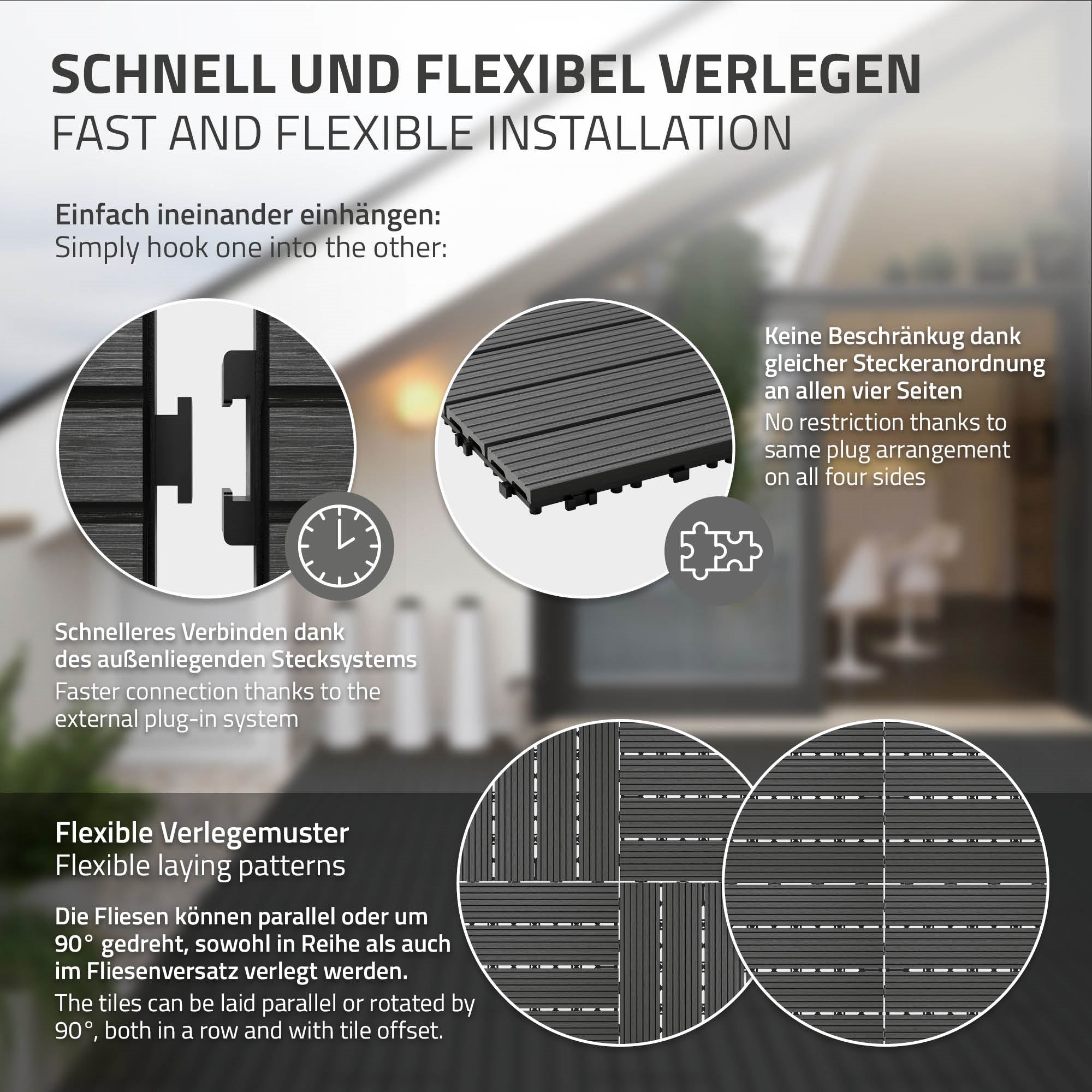 Grafik mit Anweisungen zum einfachen Verlegen von Fliesen.