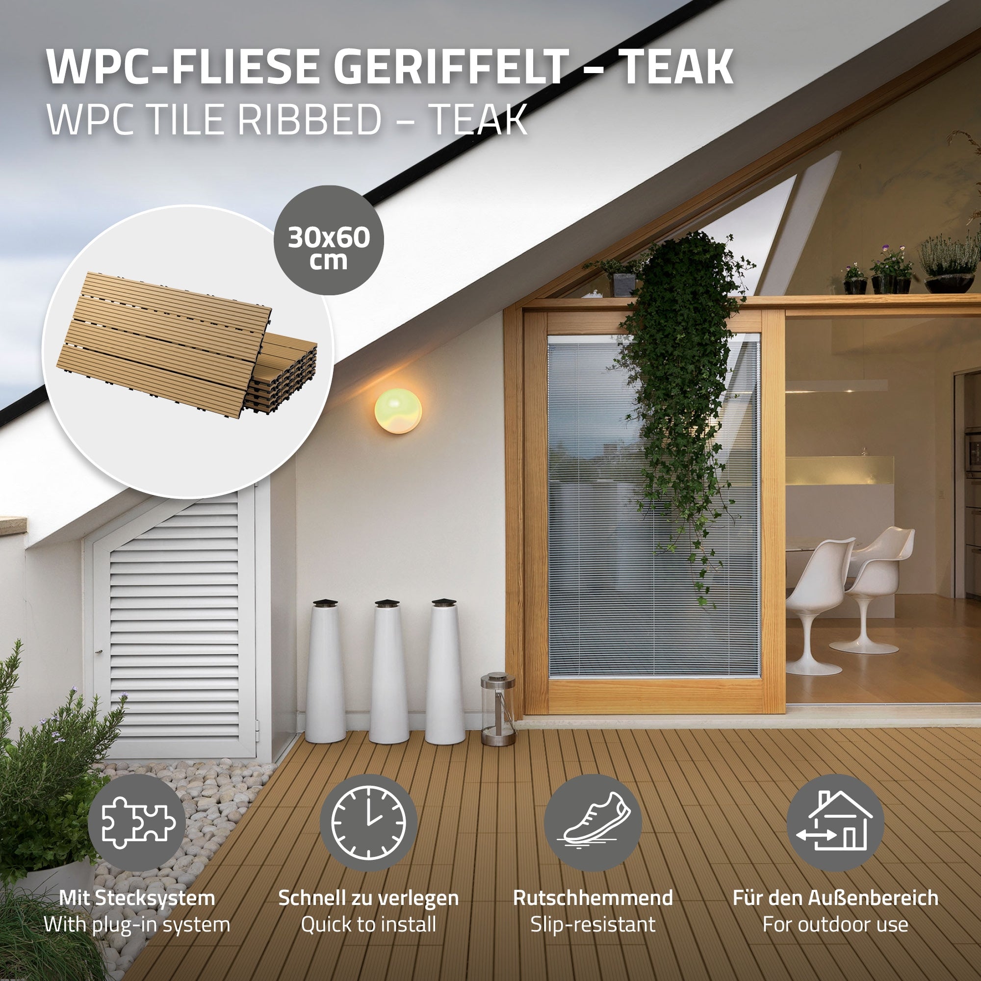 WPC-Fliese geriffelt in Teakfarbe, 30x60 cm, mit Stecksystem.