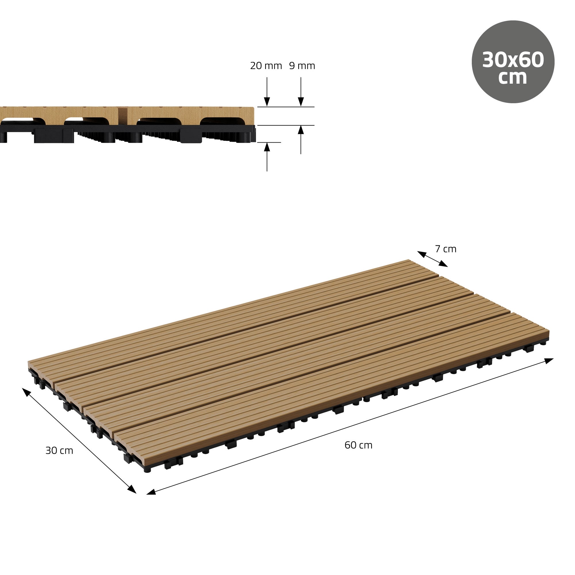 Holzplatte mit Maßen 30x60 cm, 20 mm dick, 9 mm Abstand zwischen den Rillen.