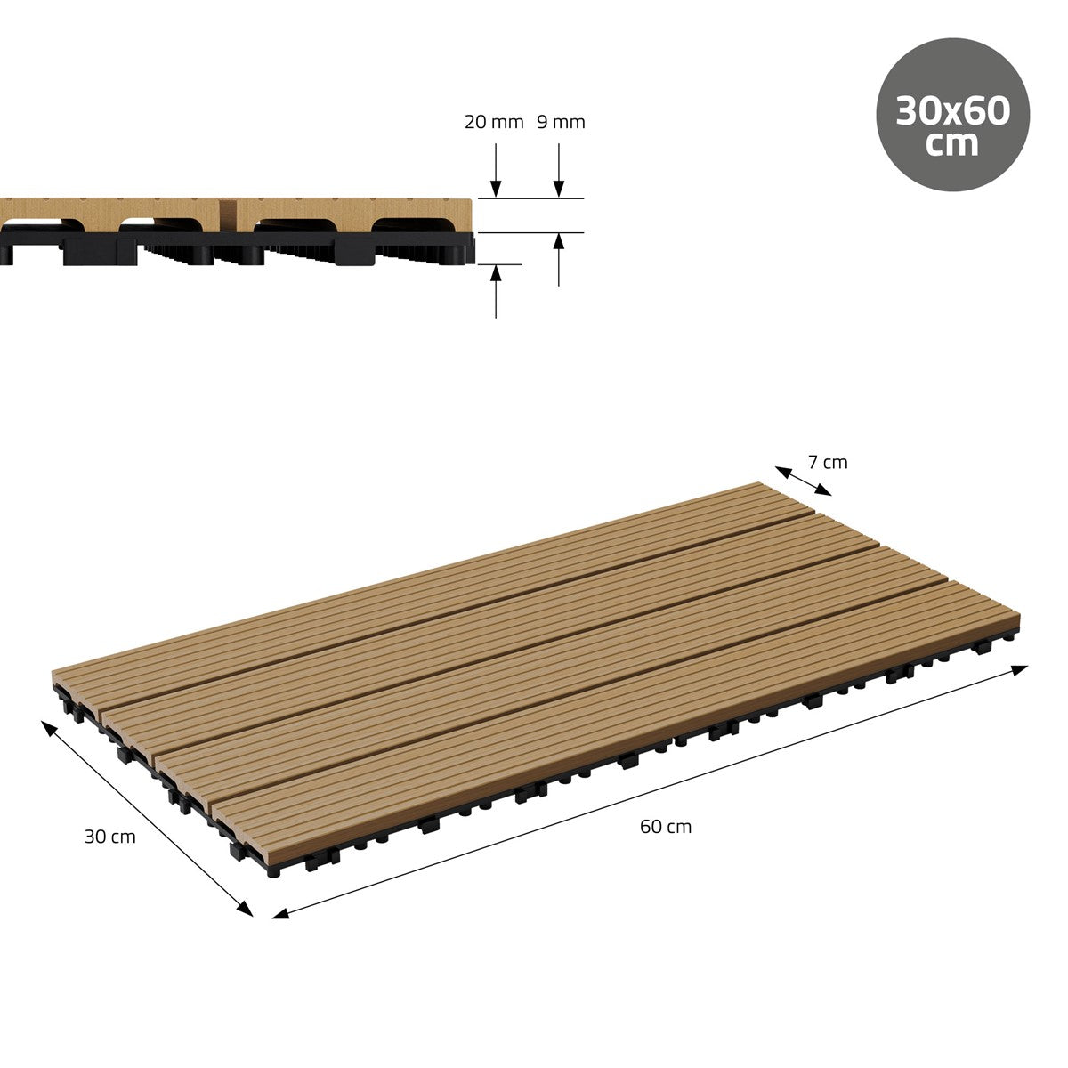 Dřevěná deska o rozměrech 30 × 60 cm, tloušťce 20 mm a s rozestupem 9 mm mezi drážkami.