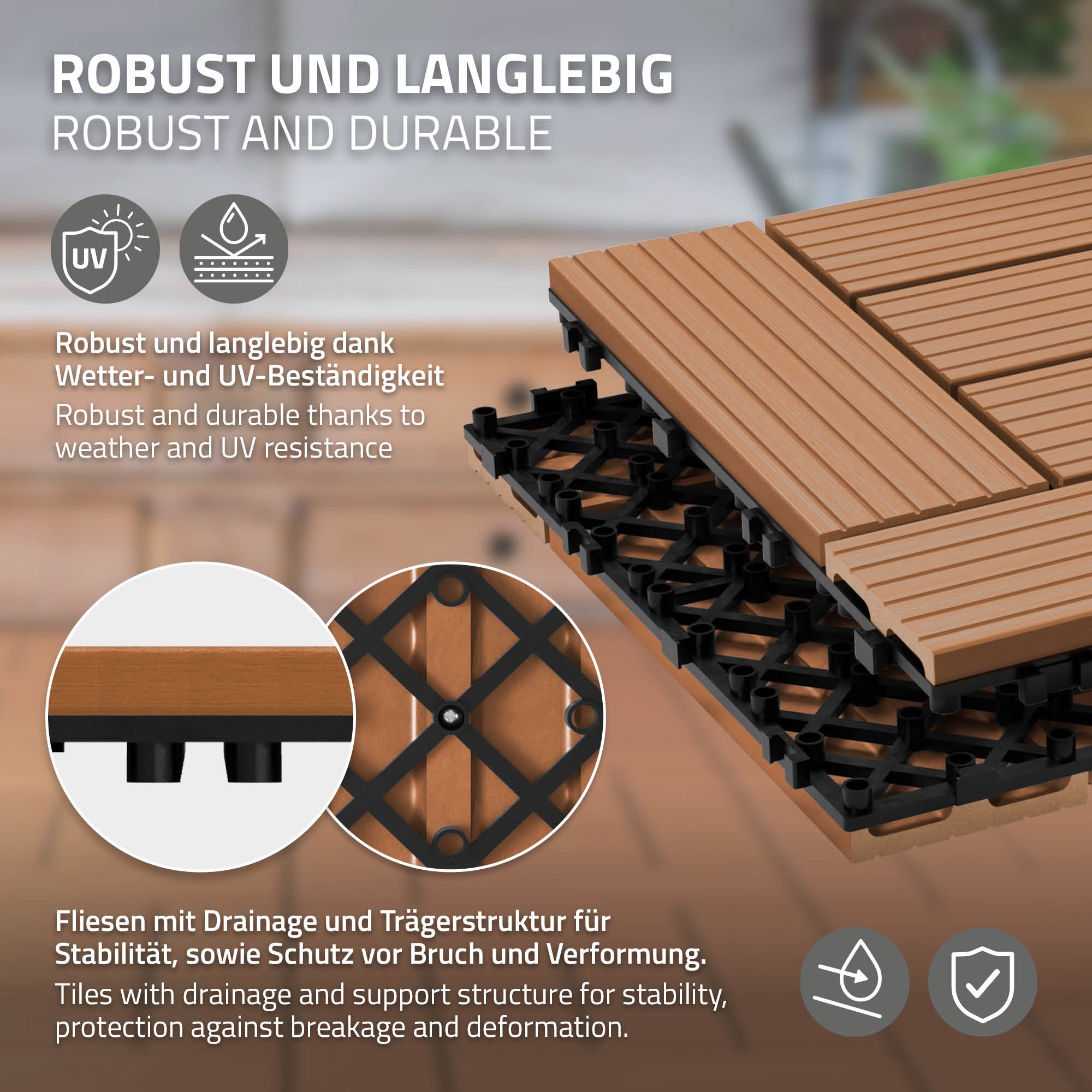 WPC-Fliese mit Drainage und stabiler Trägerstruktur.