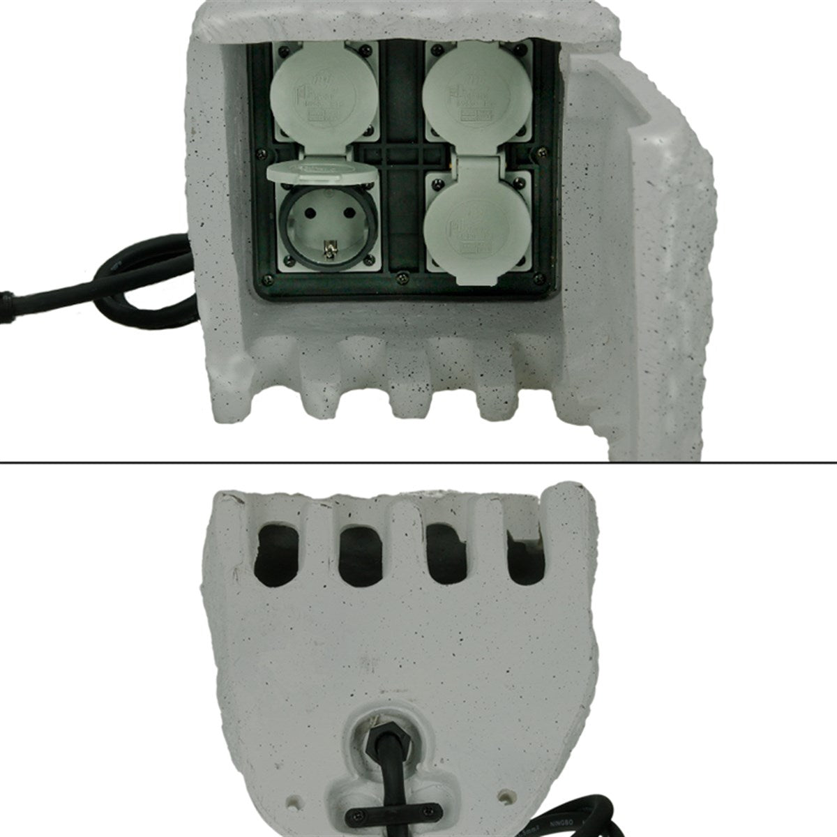 Una presa in un alloggiamento grigio con diversi collegamenti.