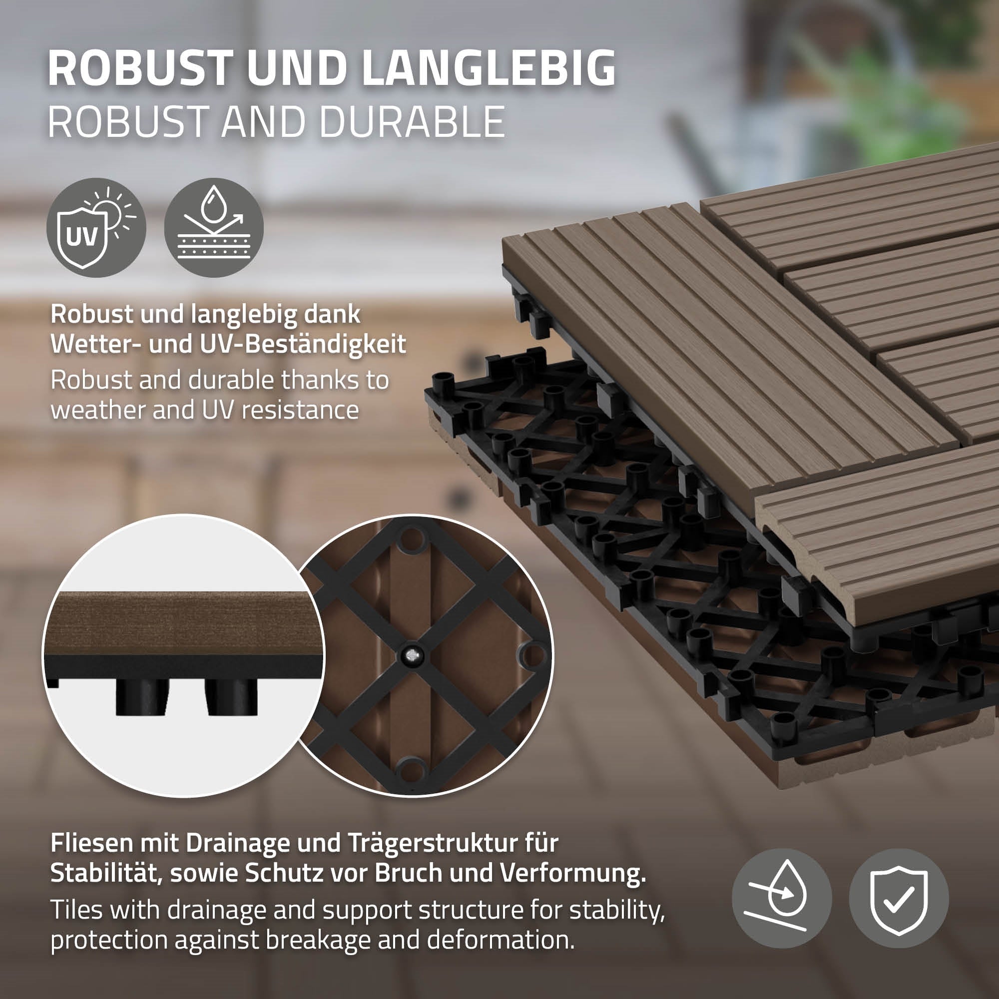 Grafik zu robusten und langlebigen Fliesen mit Drainage und UV-Beständigkeit.