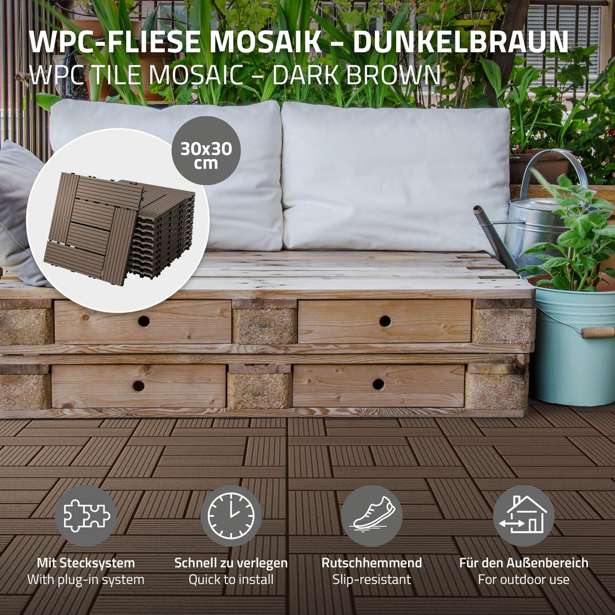WPC-fliser i mørkebrun, 30x30 cm, på en træoverflade.