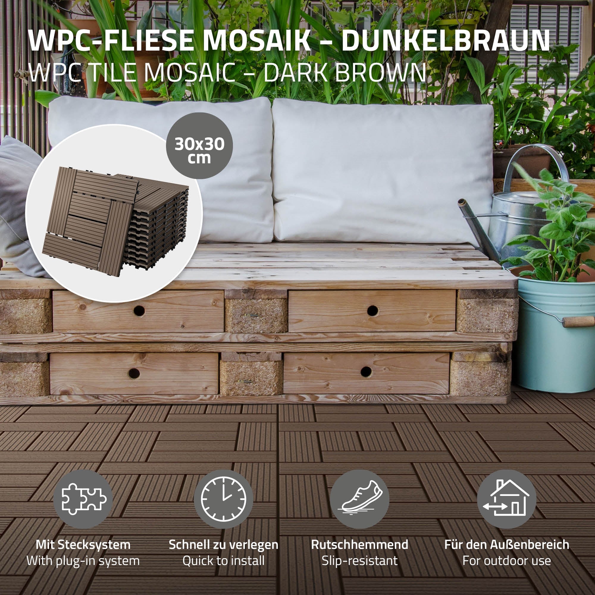 WPC-Fliesen in dunklem Braun, 30x30 cm, auf einer Holzoberfläche.