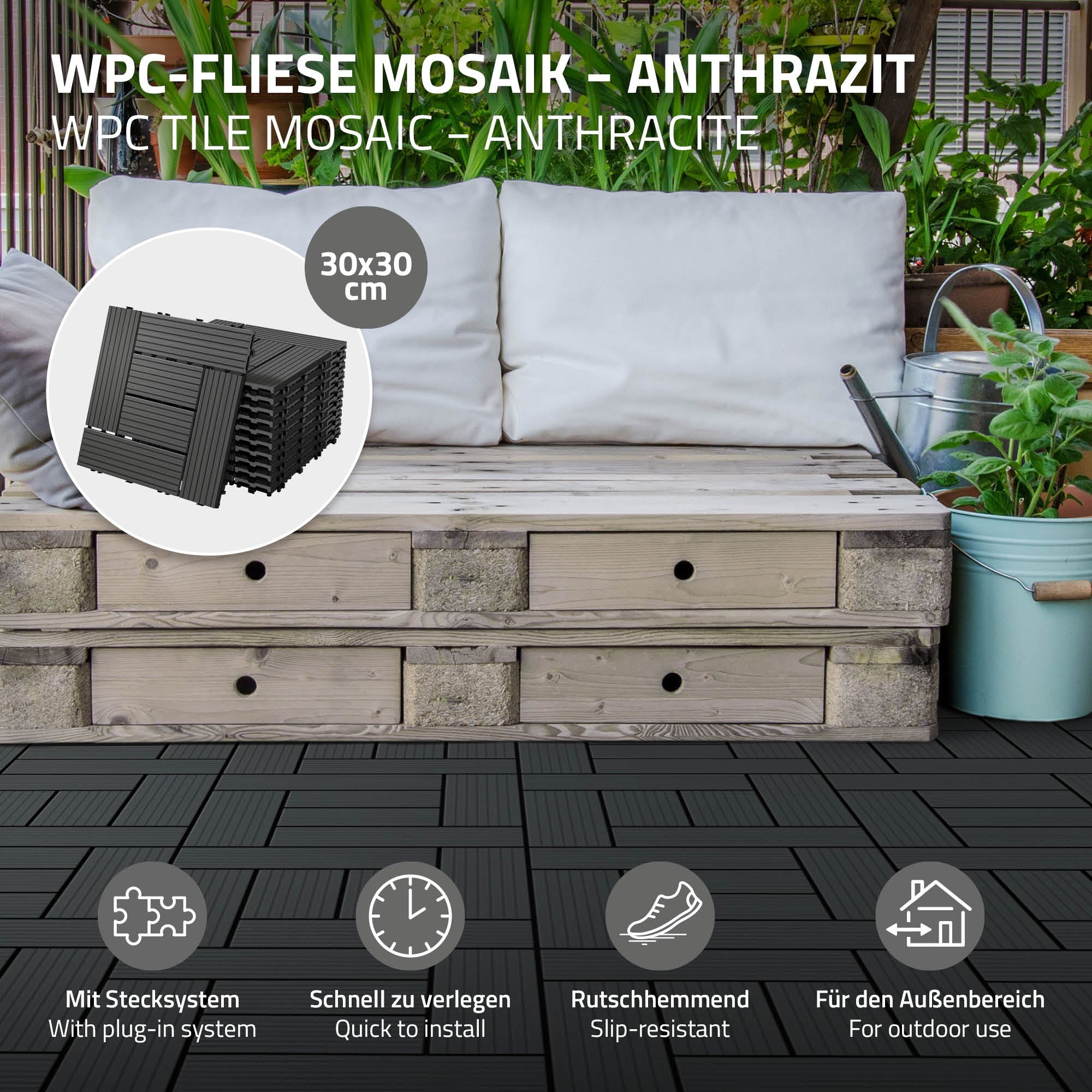 WPC-Fliese in Anthrazit auf einem Holzdeck mit Sitzgelegenheit.