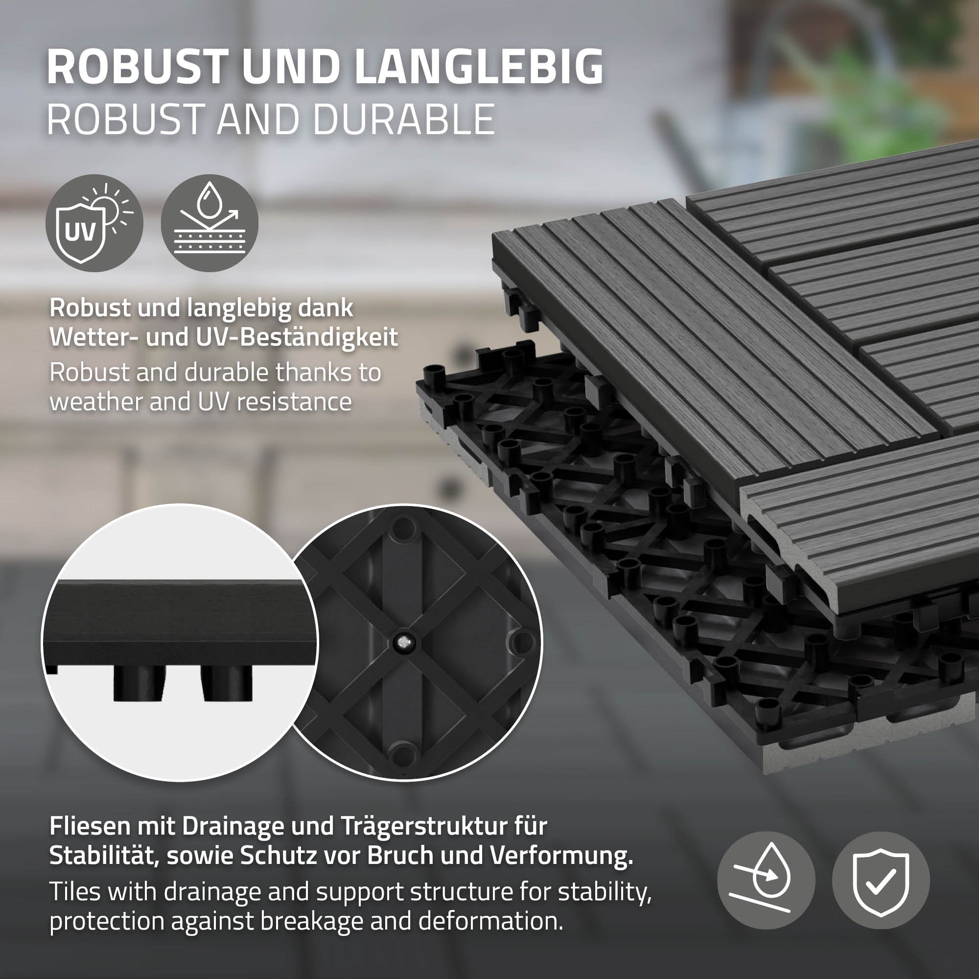 Grafik mit Text über robuste und langlebige Fliesen für Außenbereiche.