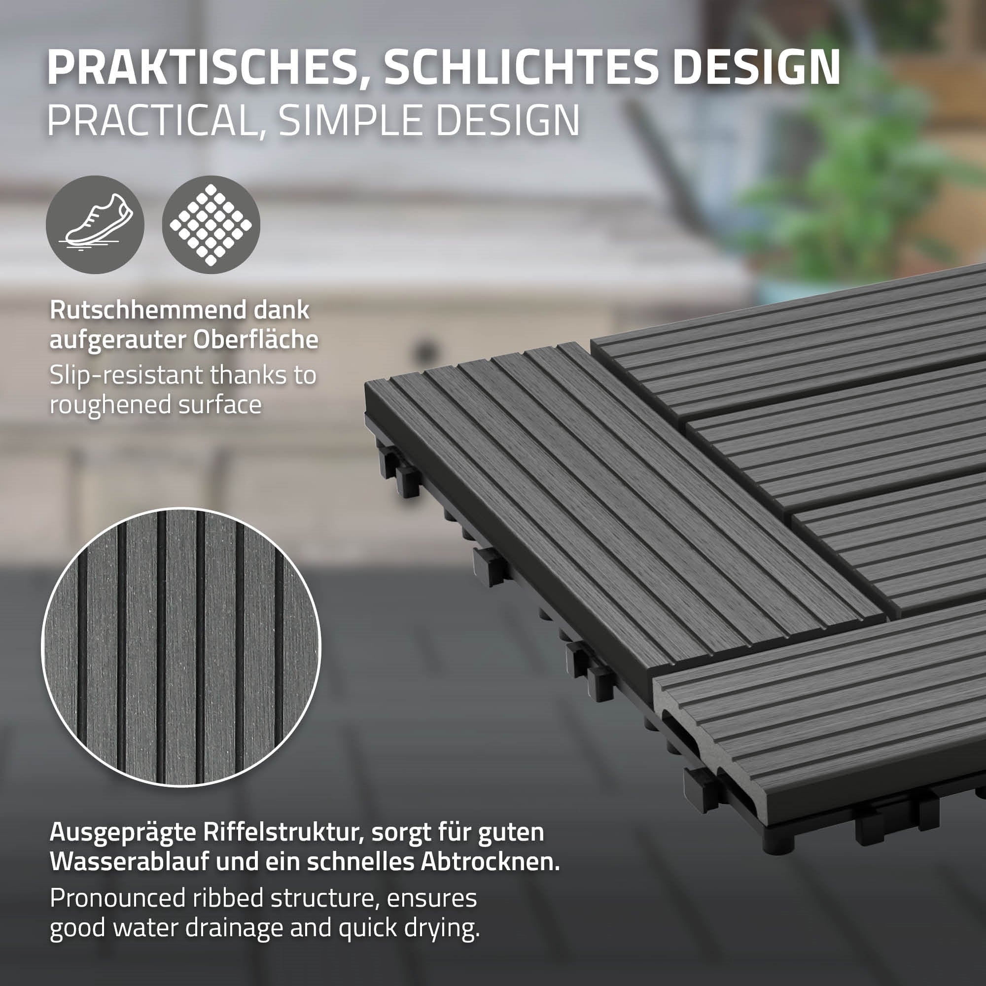 Nahaufnahme einer WPC-Fliese mit rutschfester Oberfläche und strukturiertem Design.
