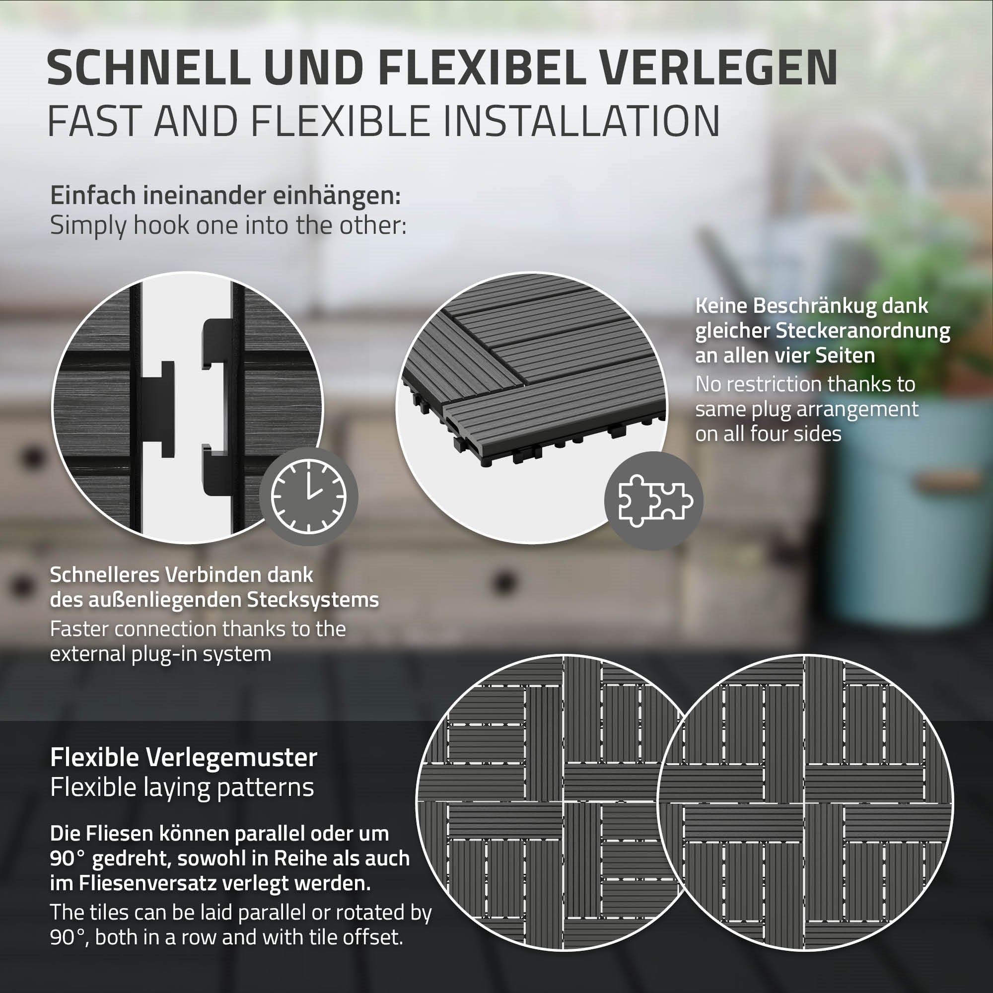 Verlegeanleitung für WPC-Fliesen mit Stecksystem und flexiblen Mustern.