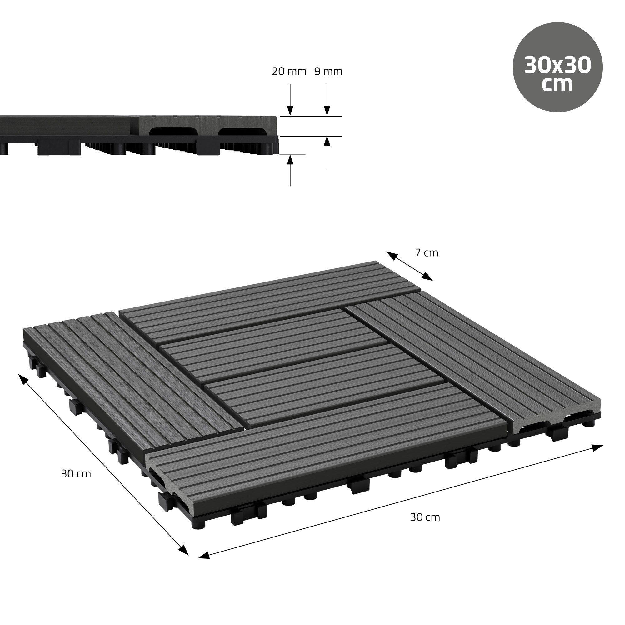 Schwarze Platten mit Maßangaben und einer Detailansicht der Struktur.