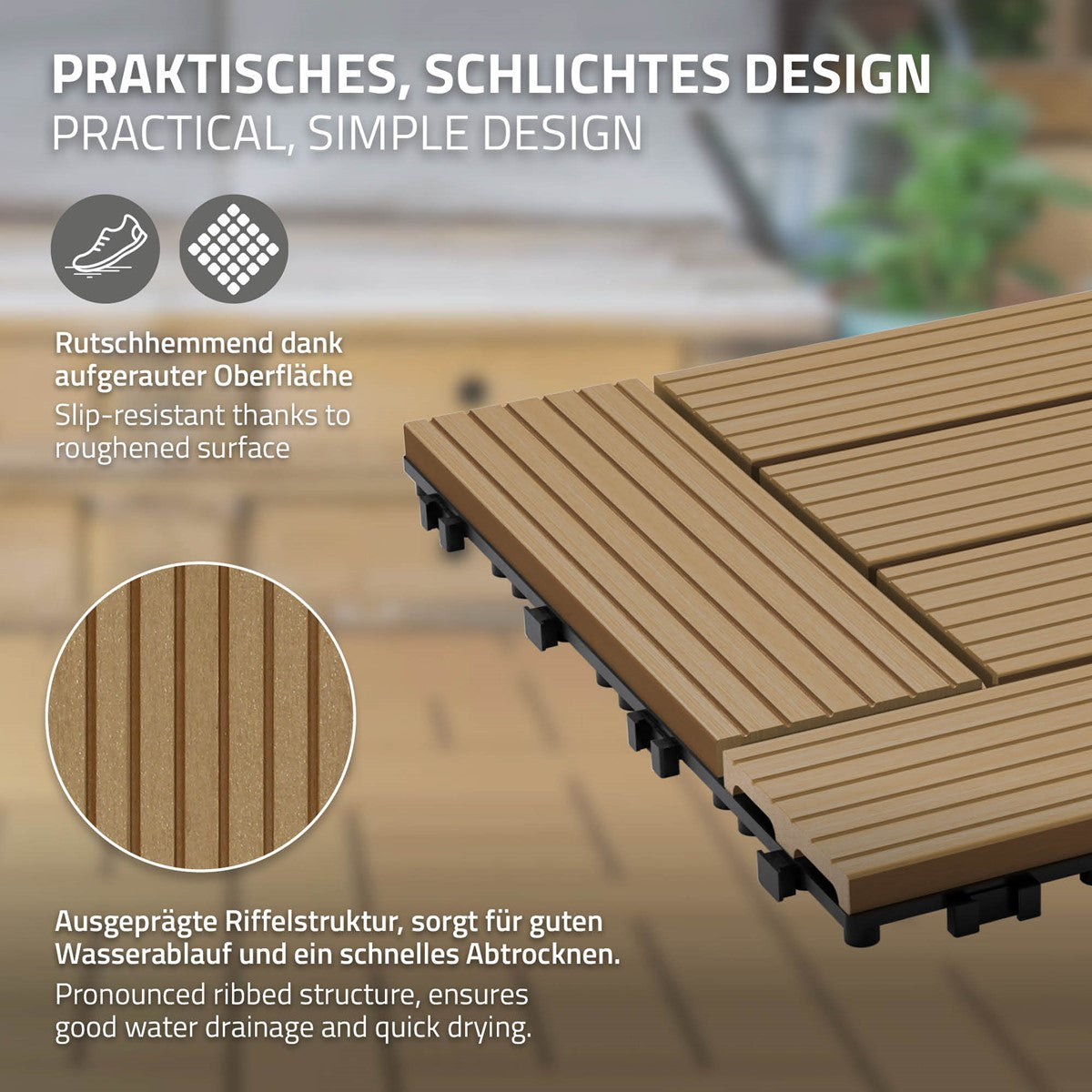 Holzoptik-Platten mit rutschfester Oberfläche und strukturiertem Design.