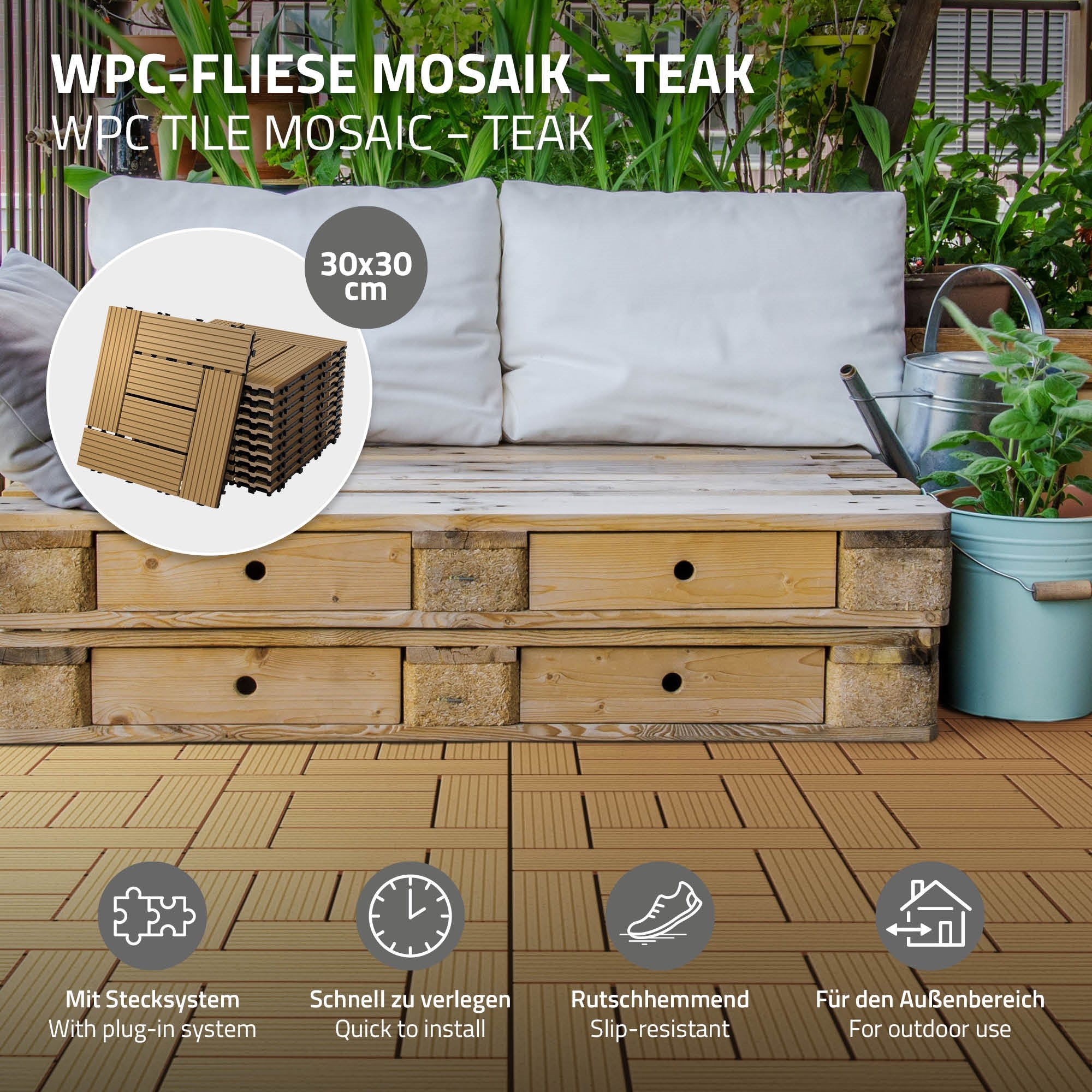 WPC-Fliese Mosaik in Teakfarbe auf einem Holzuntergrund.