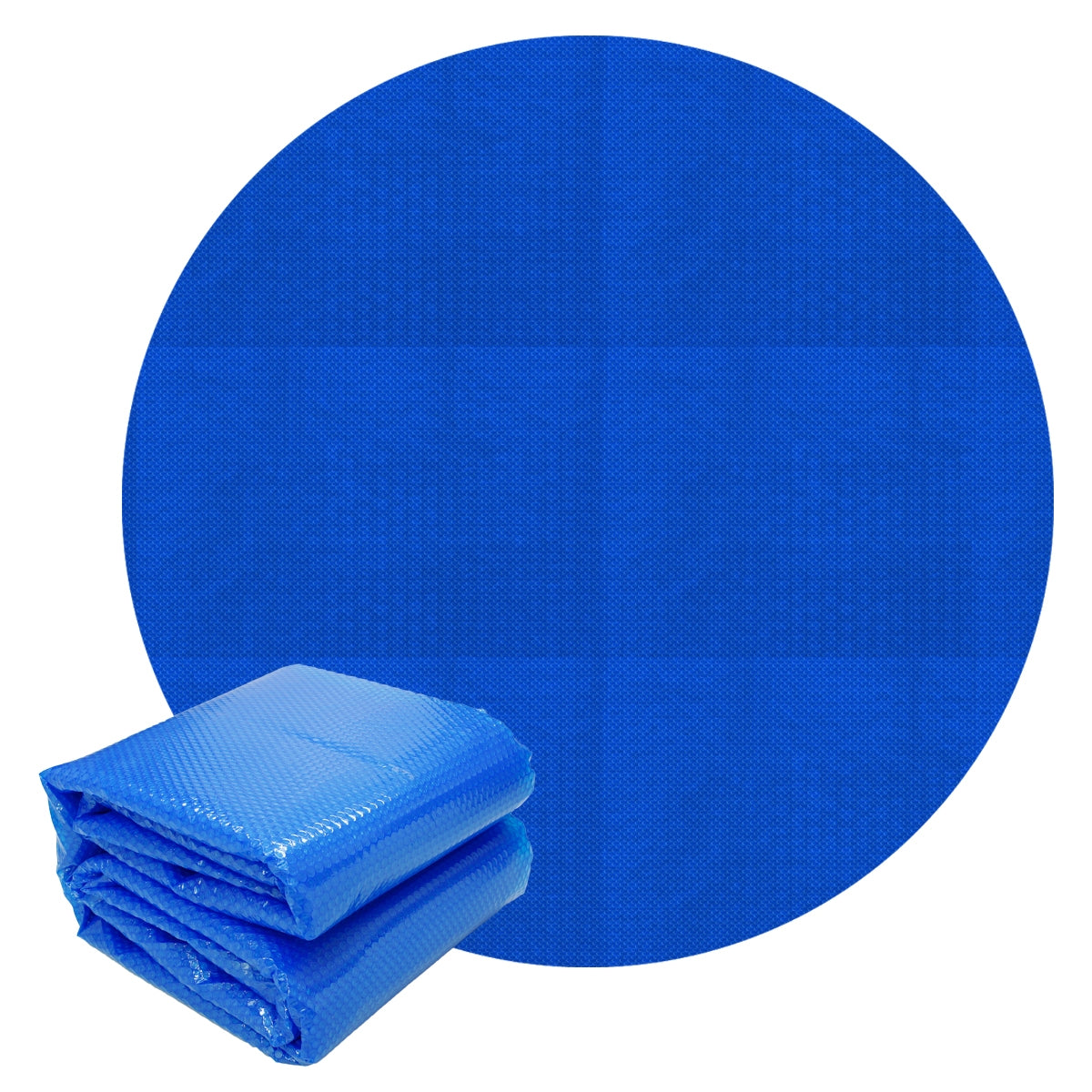 Runder blauer Poolabdeckungsplan mit gefalteter Abdeckung.