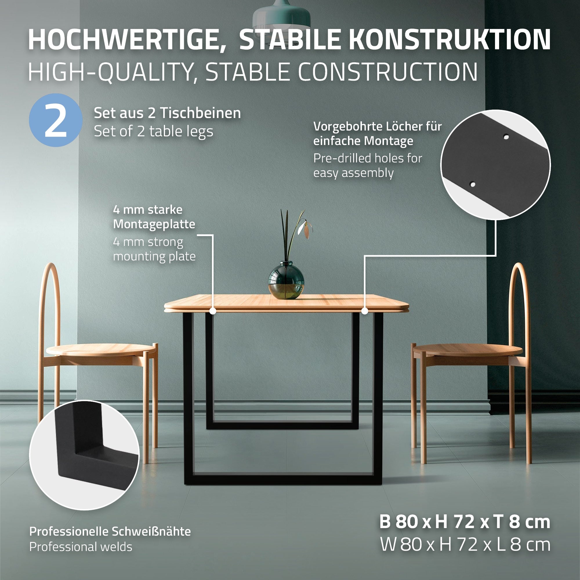 Zwei Tischbeine aus stabilem Material mit Montageanleitung.